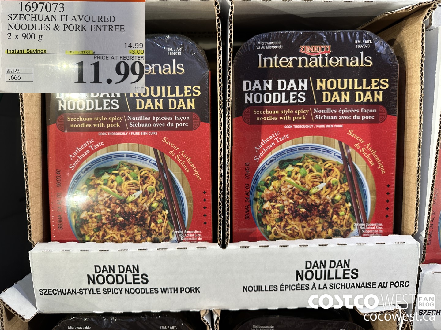 1697073 SZECHUAN-STYLE DAN DAN NOODLES WITH PORK 2 X 900 G ($3.00 INSTANT SAVINGS EXPIRES ON 2023-04-16) $11.99