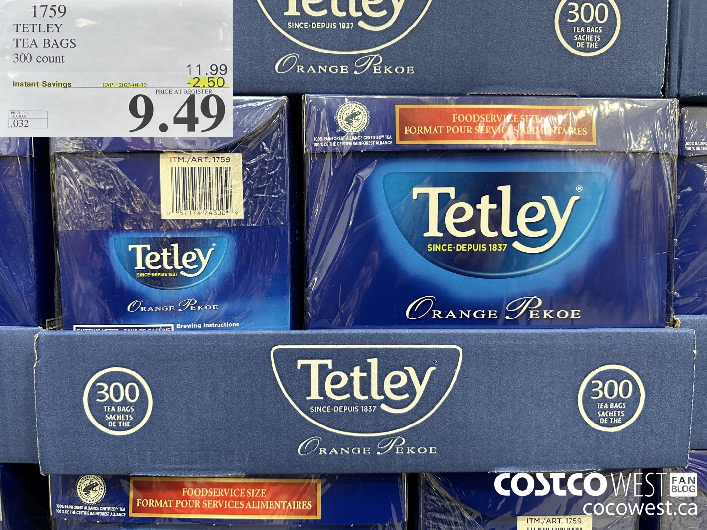 1759 TETLEY TEA BAGS 300 COUNT ($2.50 INSTANT SAVINGS EXPIRES ON 2023-04-30) $9.49