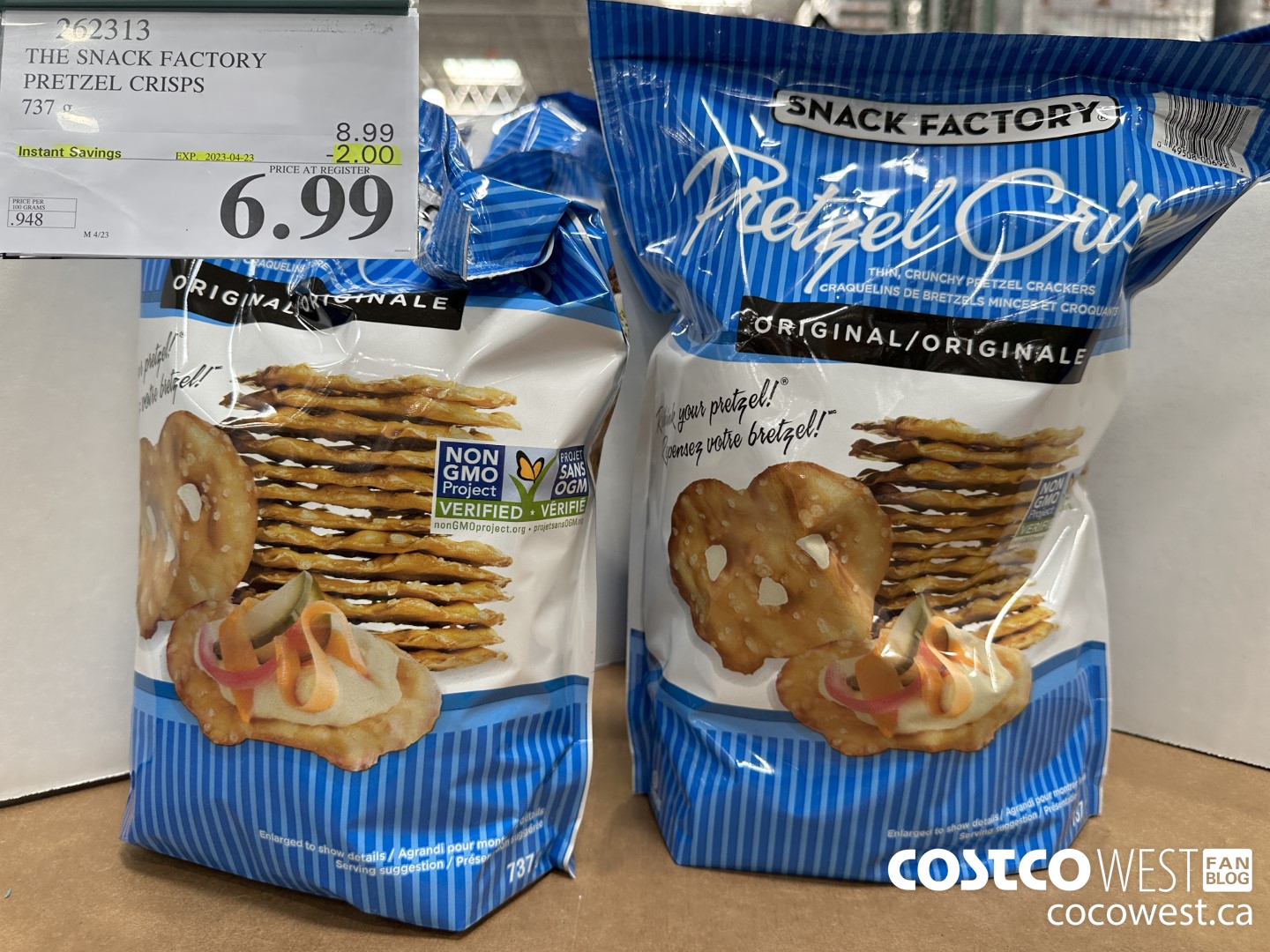 262313 THE SNACK FACTORY PRETZEL CRISPS 737 g ($2.00 INSTANT SAVINGS EXPIRES ON 2023-04-23) $6.99