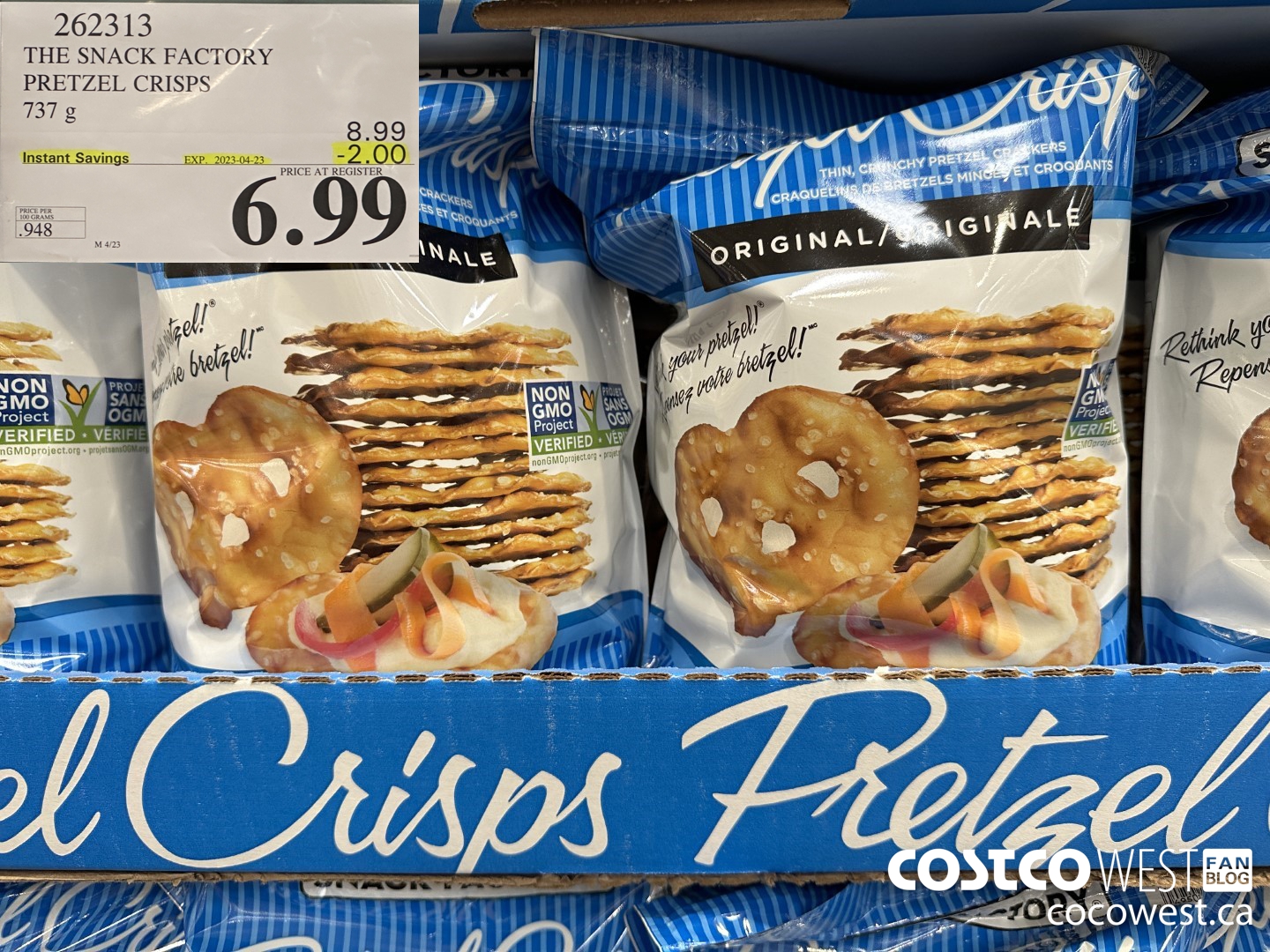 262313 THE SNACK FACTORY PRETZEL CRISPS 737 g ($2.00 INSTANT SAVINGS EXPIRES ON 2023-04-23) $6.99