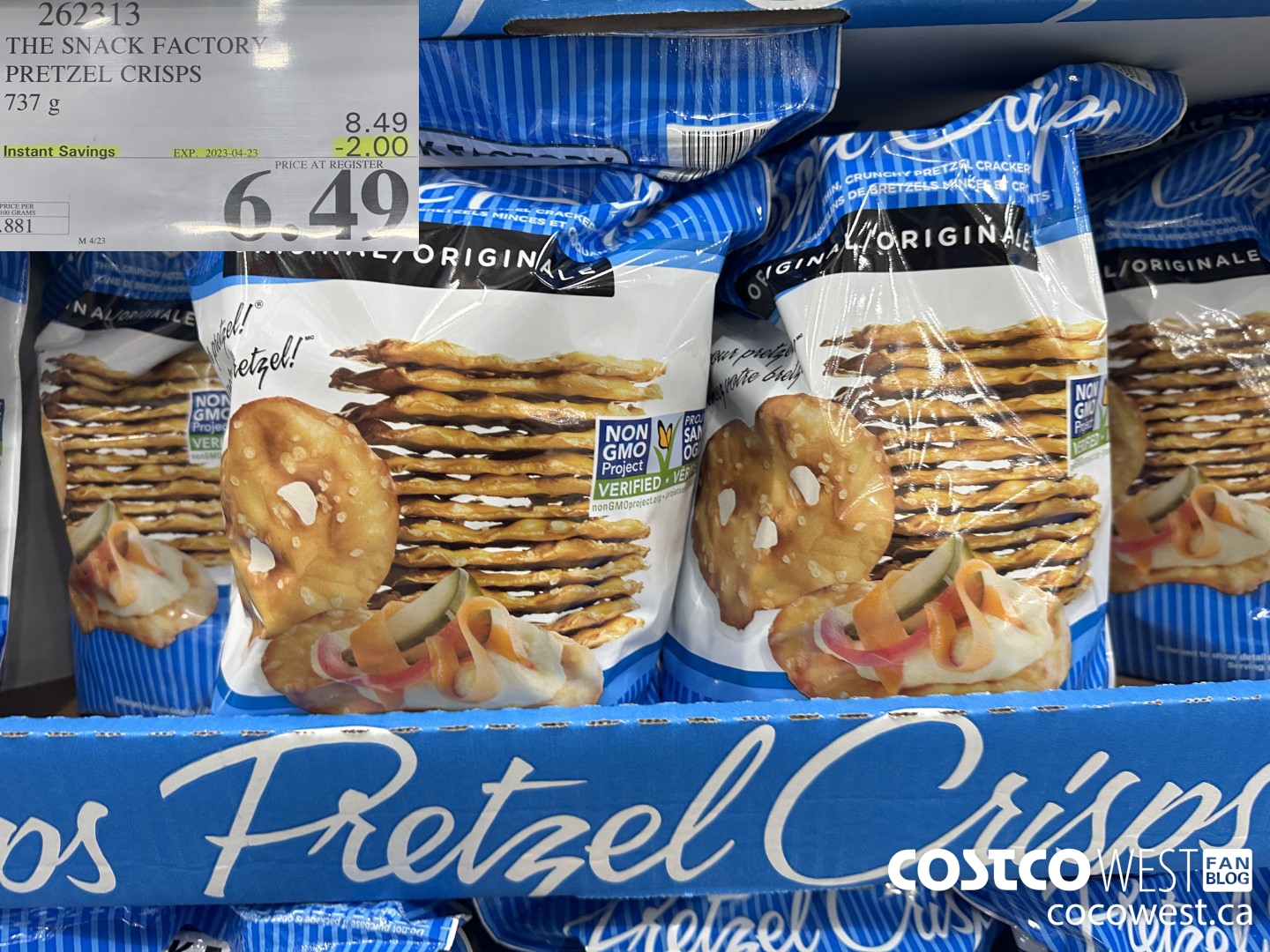 262313 THE SNACK FACTORY PRETZEL CRISPS 737 g ($2.00 INSTANT SAVINGS EXPIRES ON 2023-04-23) $6.49