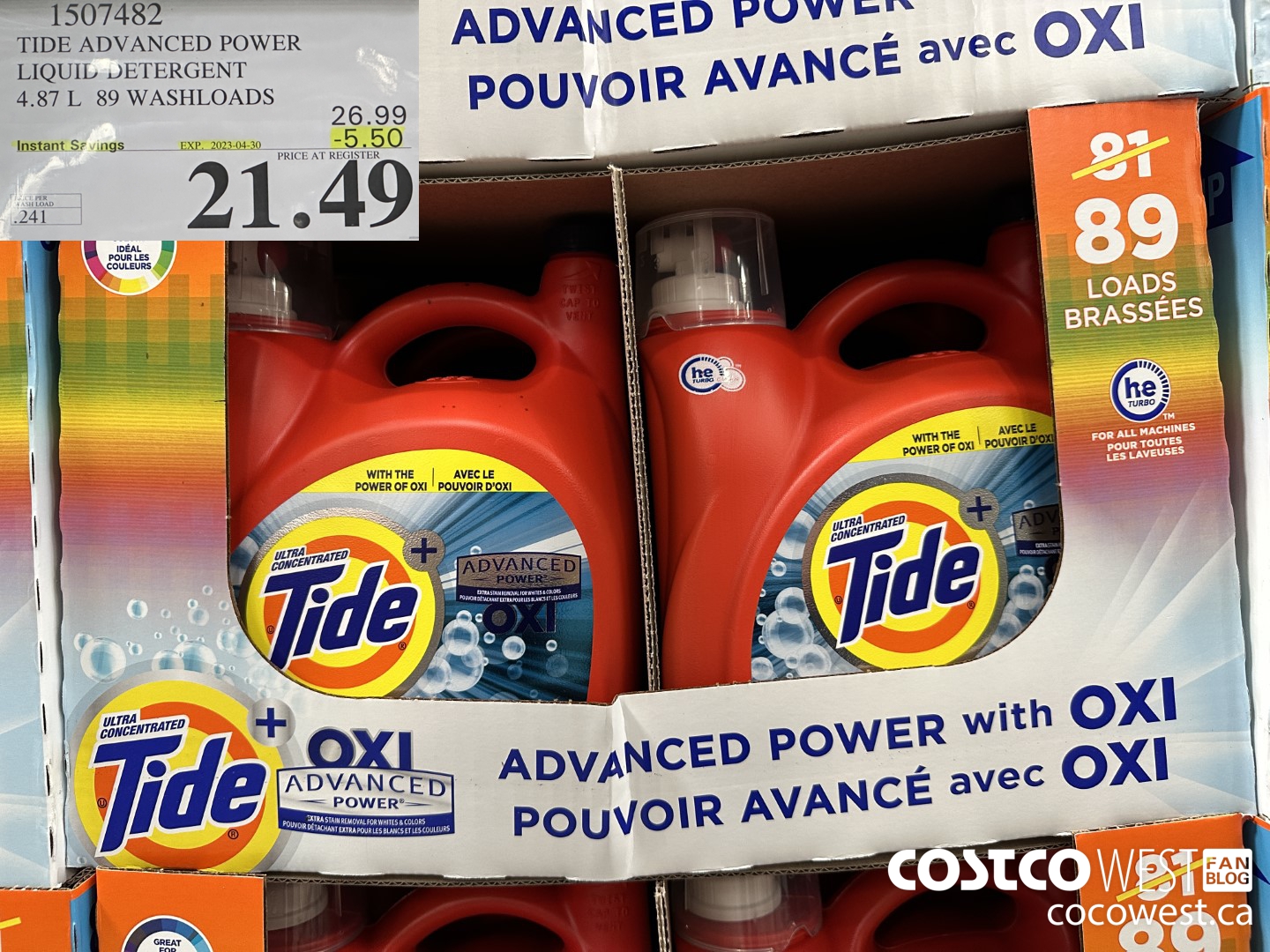 1507482 TIDE ADVANCED POWER LIQUID DETERGENT 4.87 L 89 WASHLOADS ($5.50 INSTANT SAVINGS EXPIRES ON 2023-04-30) $21.49