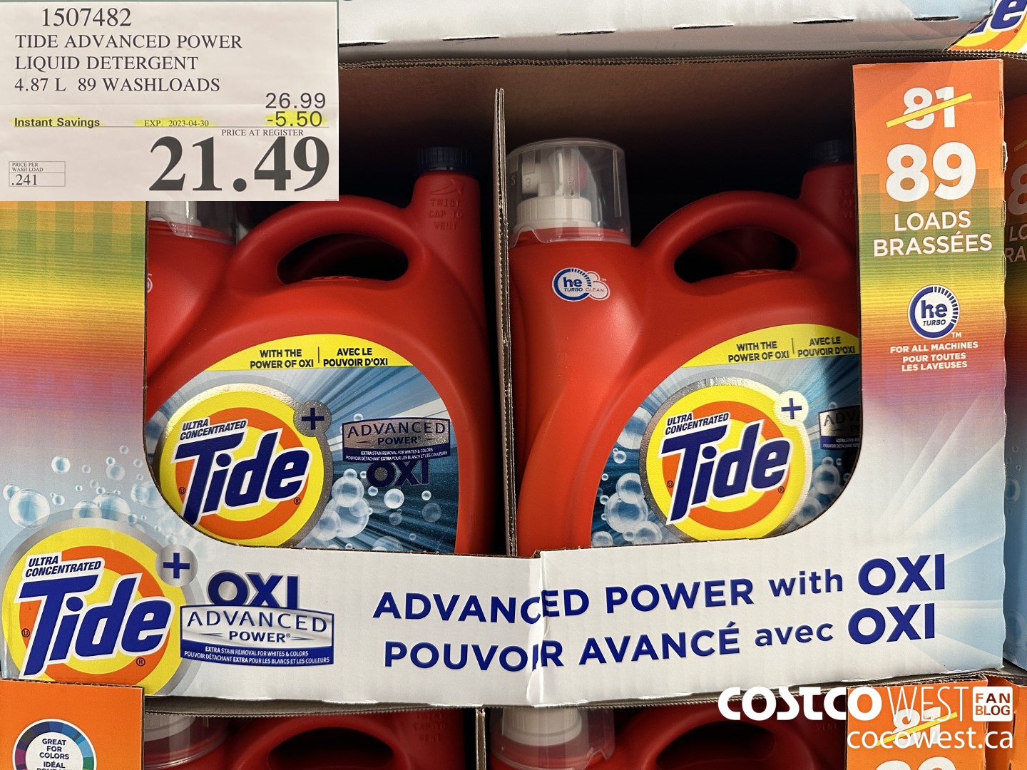 1507482 TIDE ADVANCED POWER LIQUID DETERGENT 4.87 L 89 WASHLOADS ($5.50 INSTANT SAVINGS EXPIRES ON 2023-04-30) $21.49