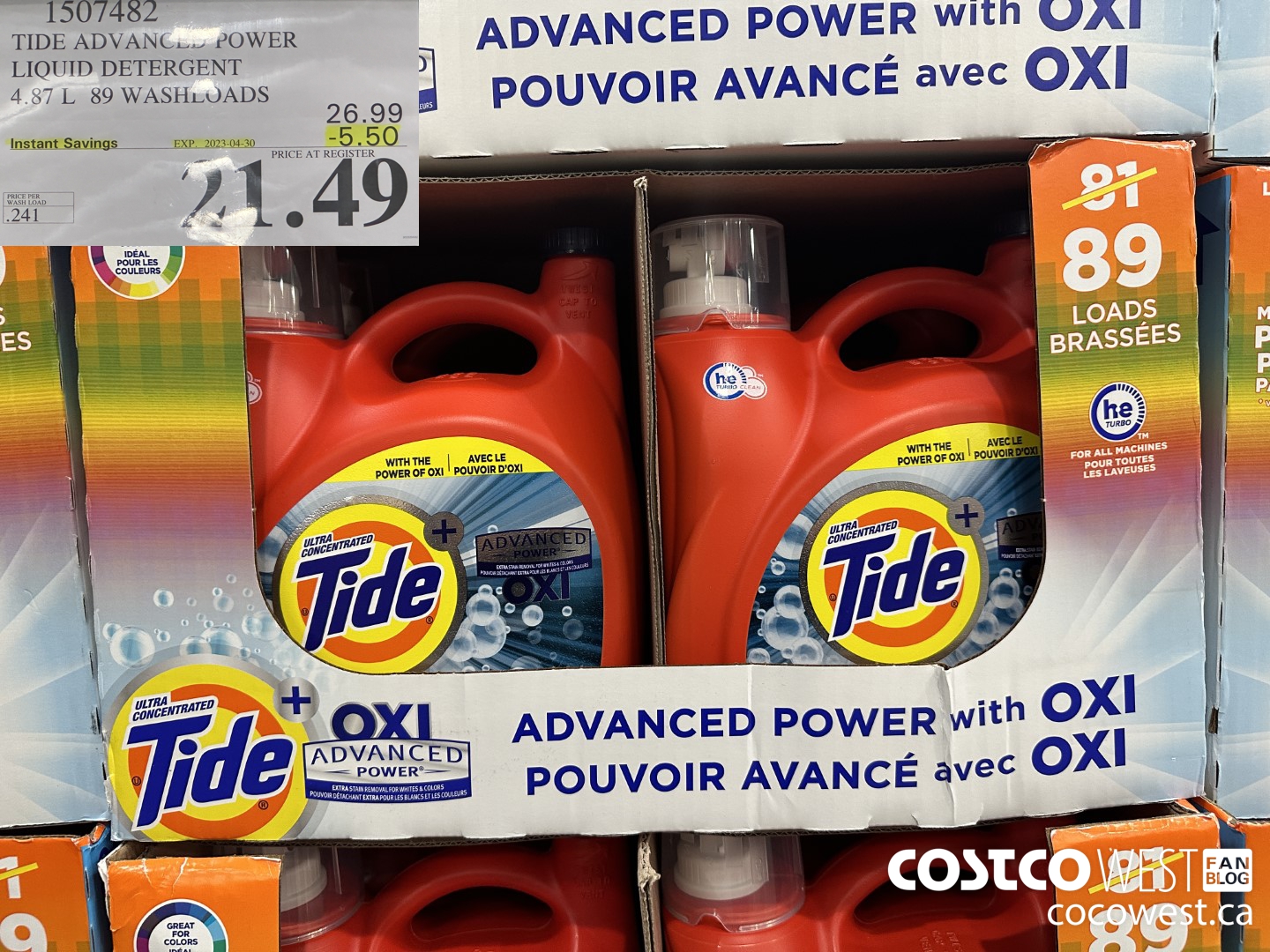 1507482 TIDE ADVANCED POWER LIQUID DETERGENT 4.87 L 89 WASHLOADS ($5.50 INSTANT SAVINGS EXPIRES ON 2023-04-30) $21.49