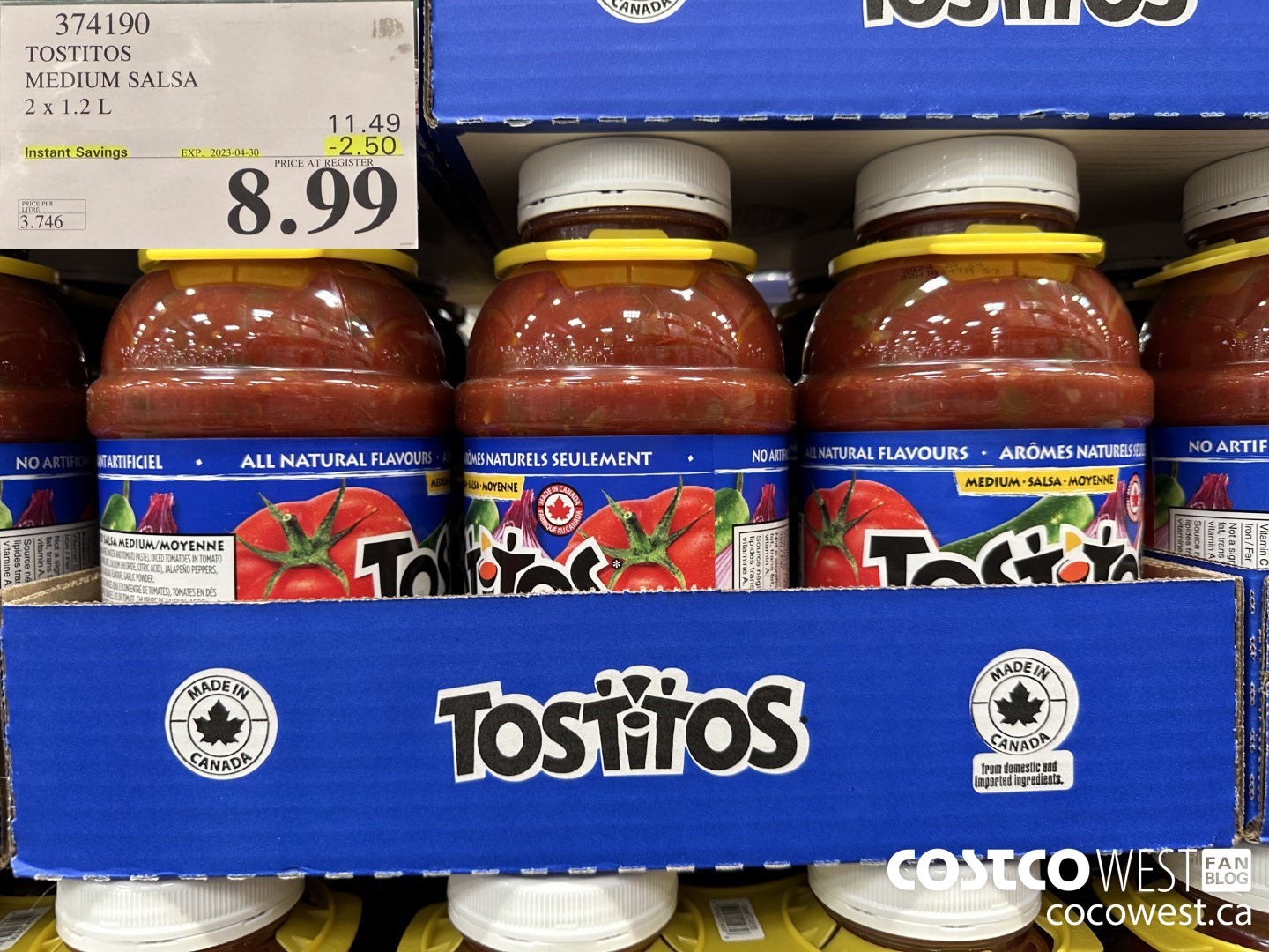 374190 TOSTITOS MEDIUM SALSA 2 X 1.2 L ($2.50 INSTANT SAVINGS EXPIRES ON 2023-04-30) $8.99
