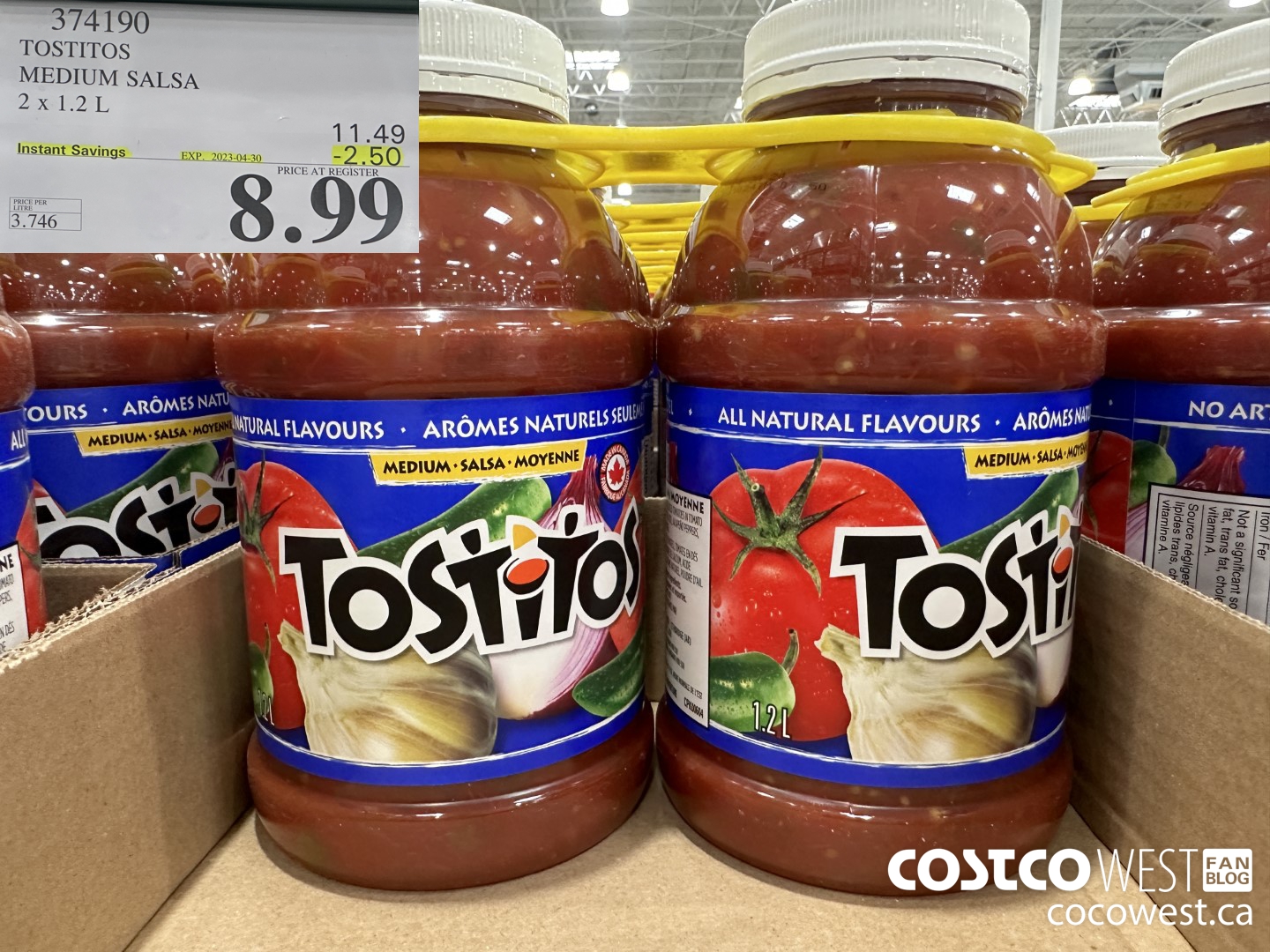 374190 TOSTITOS MEDIUM SALSA 2 X 1.2 L ($2.50 INSTANT SAVINGS EXPIRES ON 2023-04-30) $8.99
