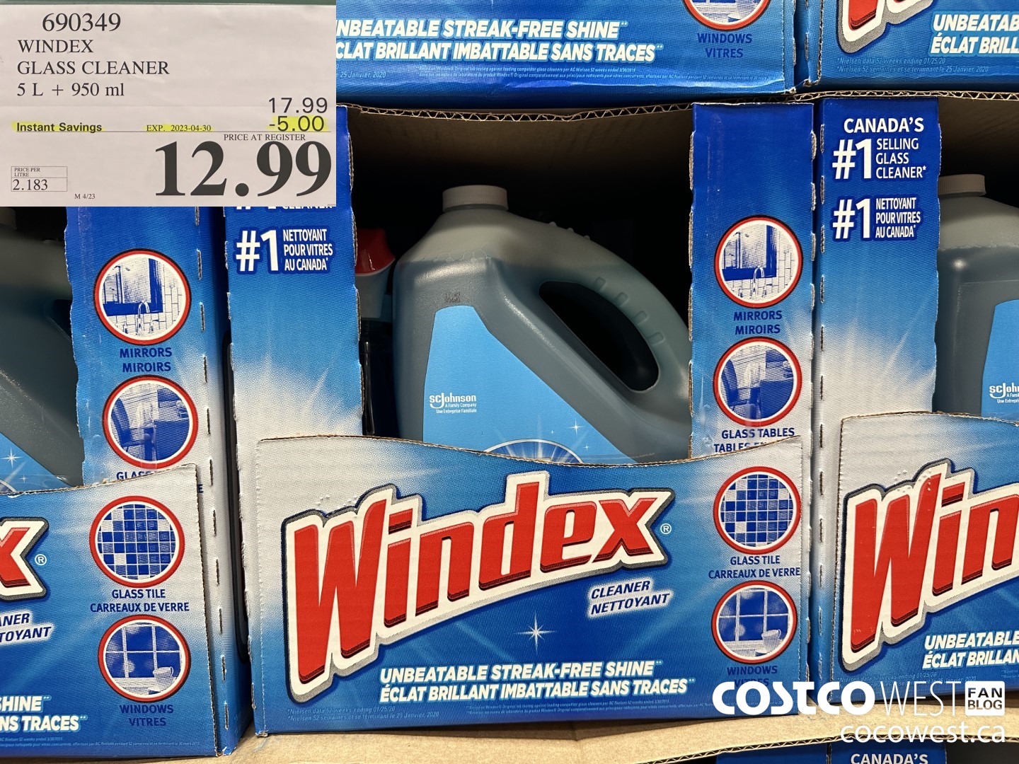 690349 WINDEX GLASS CLEANER 5L + 950ML ($5.00 INSTANT SAVINGS EXPIRES ON 2023-04-30) $12.99