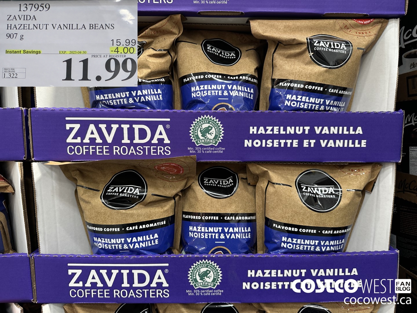 137959 ZAVIDA HAZELNUT VANILLA BEANS 907 g ($4.00 INSTANT SAVINGS EXPIRES ON 2023-04-30) $11.99