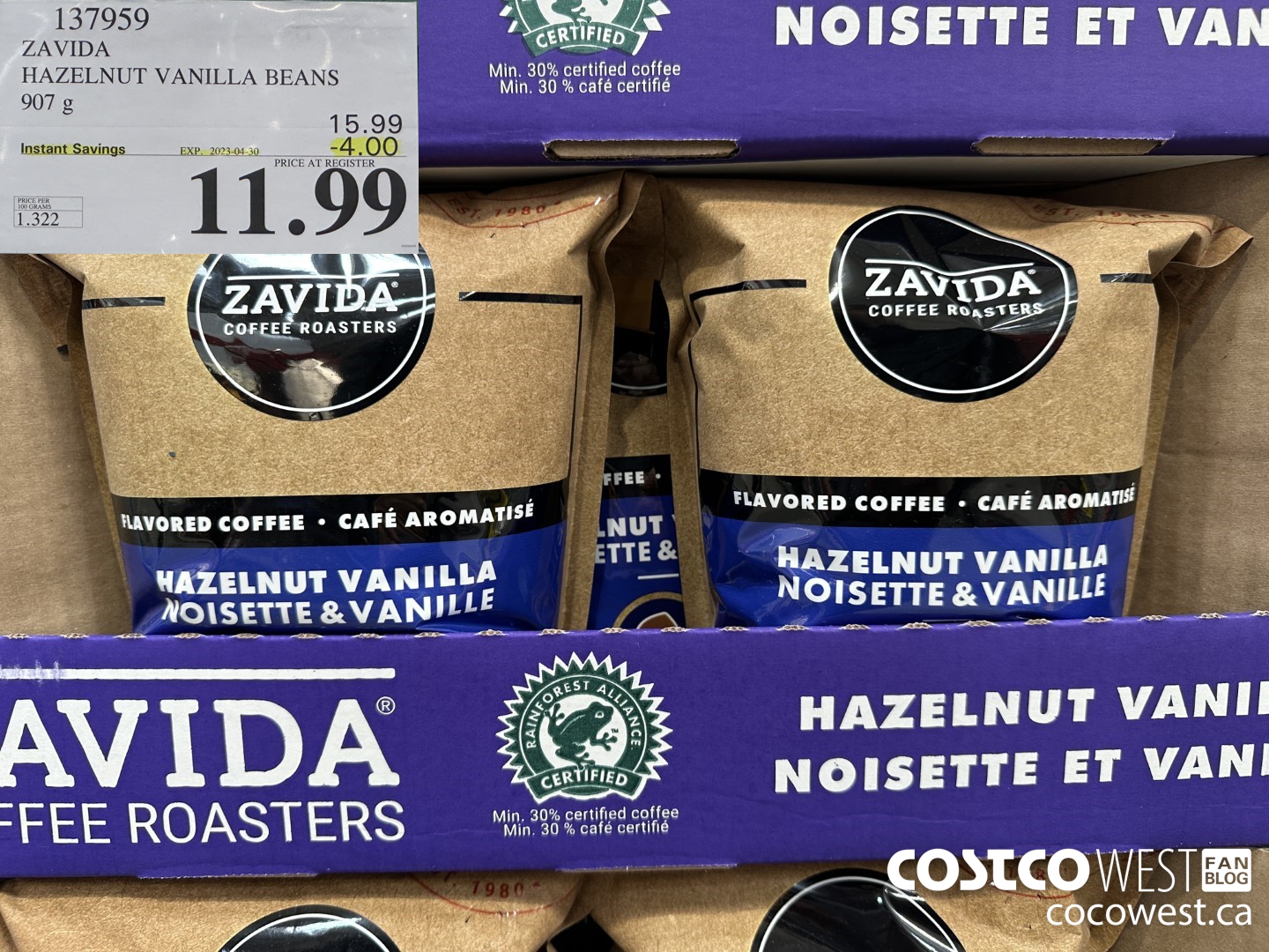 137959 ZAVIDA HAZELNUT VANILLA BEANS 907 g ($4.00 INSTANT SAVINGS EXPIRES ON 2023-04-30) $11.99