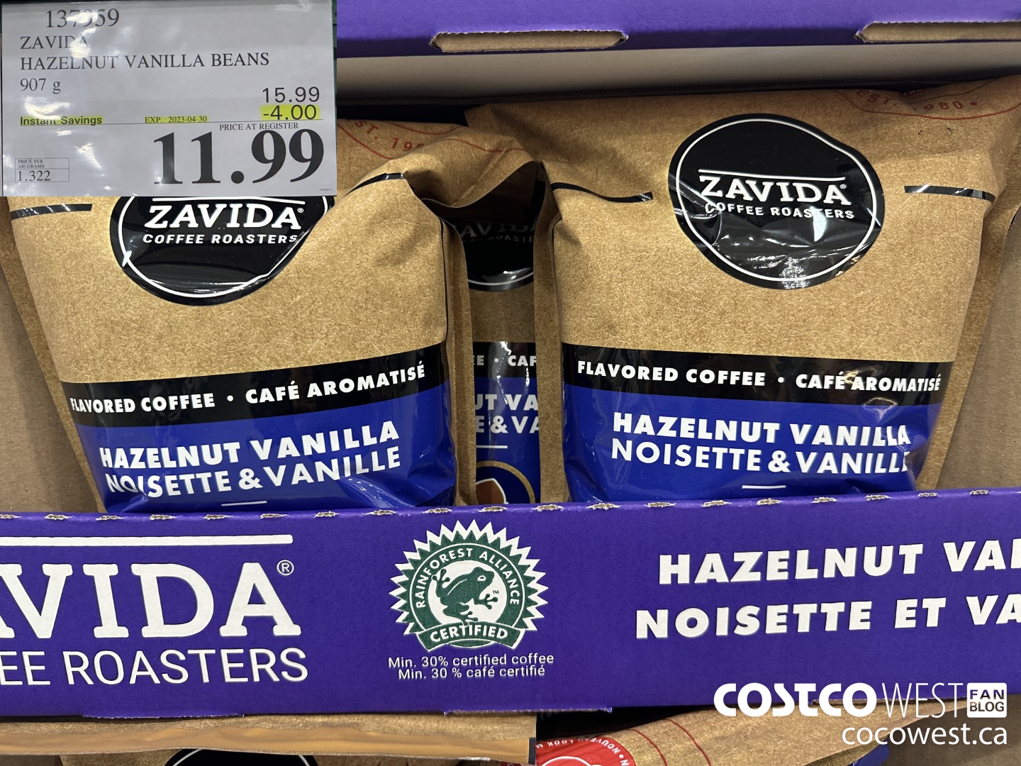 137959 ZAVIDA HAZELNUT VANILLA BEANS 907 g ($4.00 INSTANT SAVINGS EXPIRES ON 2023-04-30) $11.99