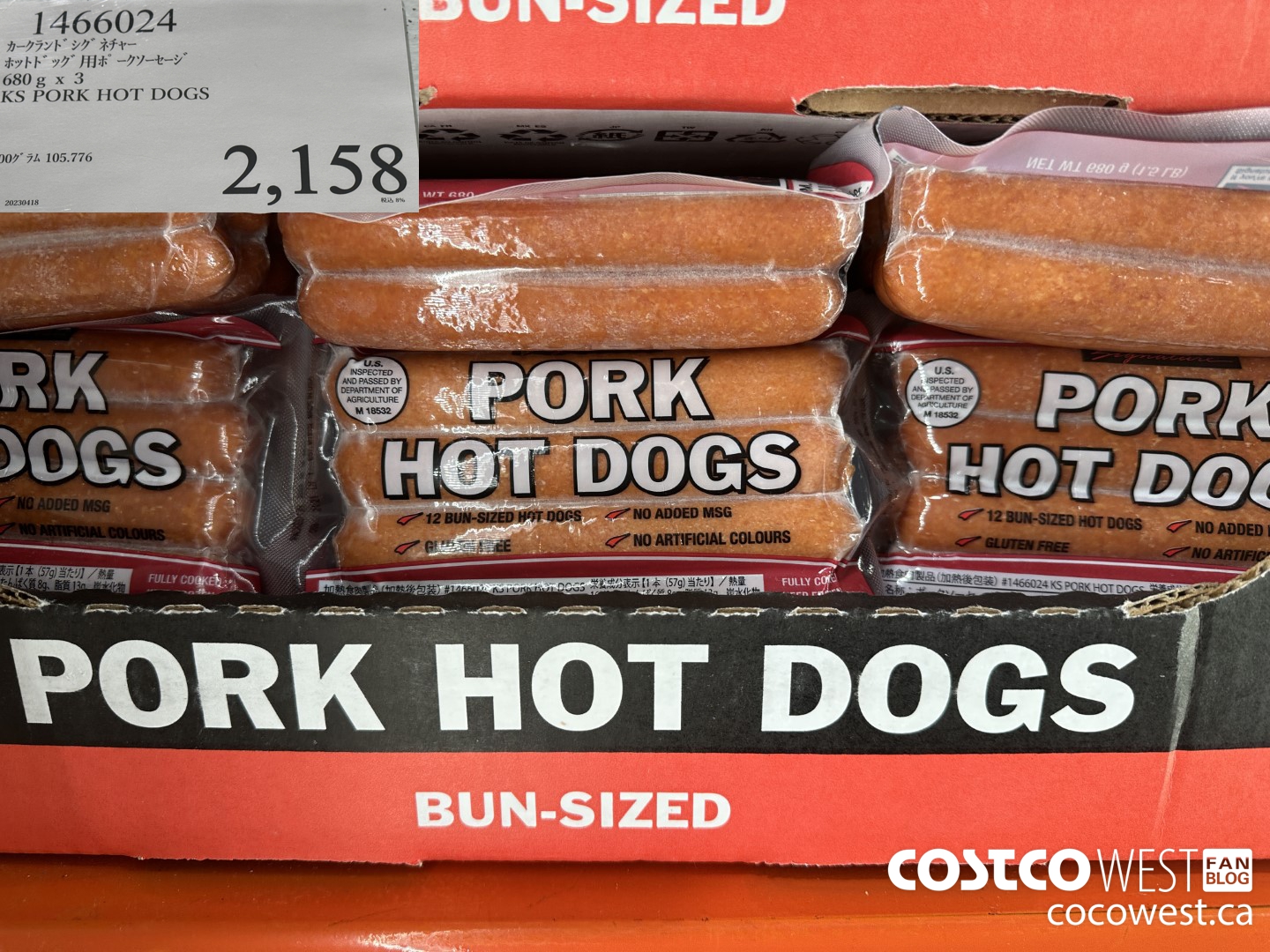 1466024 680G X 3 KS PORK HOT DOGS $2158.00