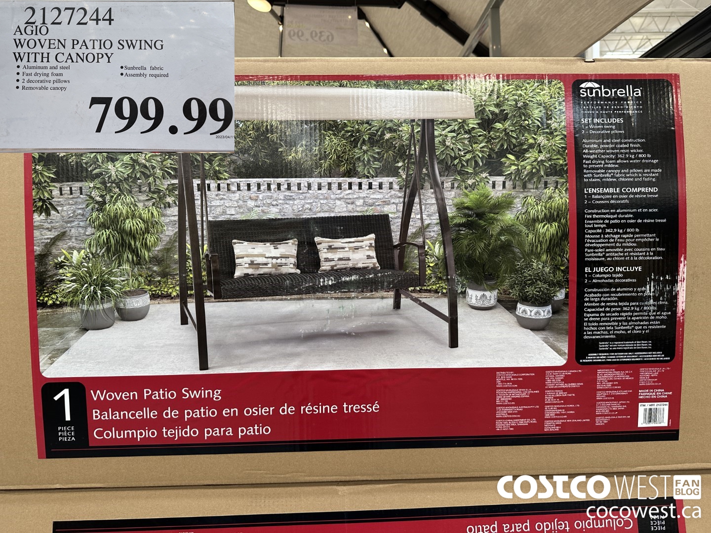 2127244 AGIO WOVEN PATIO SWING WITH CANOPY $799.99