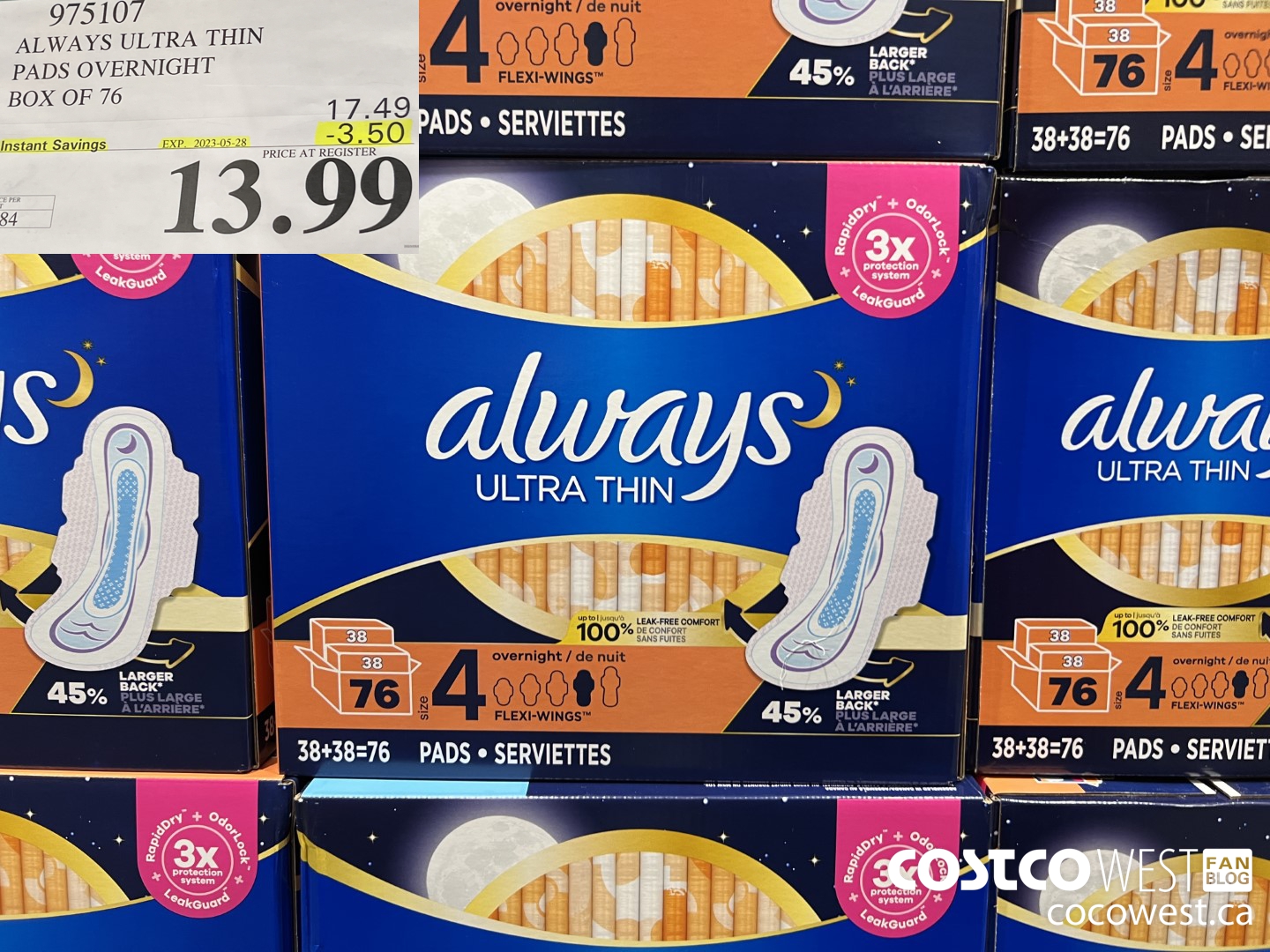 975107 ALWAYS ULTRA THIN PADS OVERNIGHT BOX OF 76 ($3.50 INSTANT SAVINGS EXPIRES ON 2023-05-28) $13.99