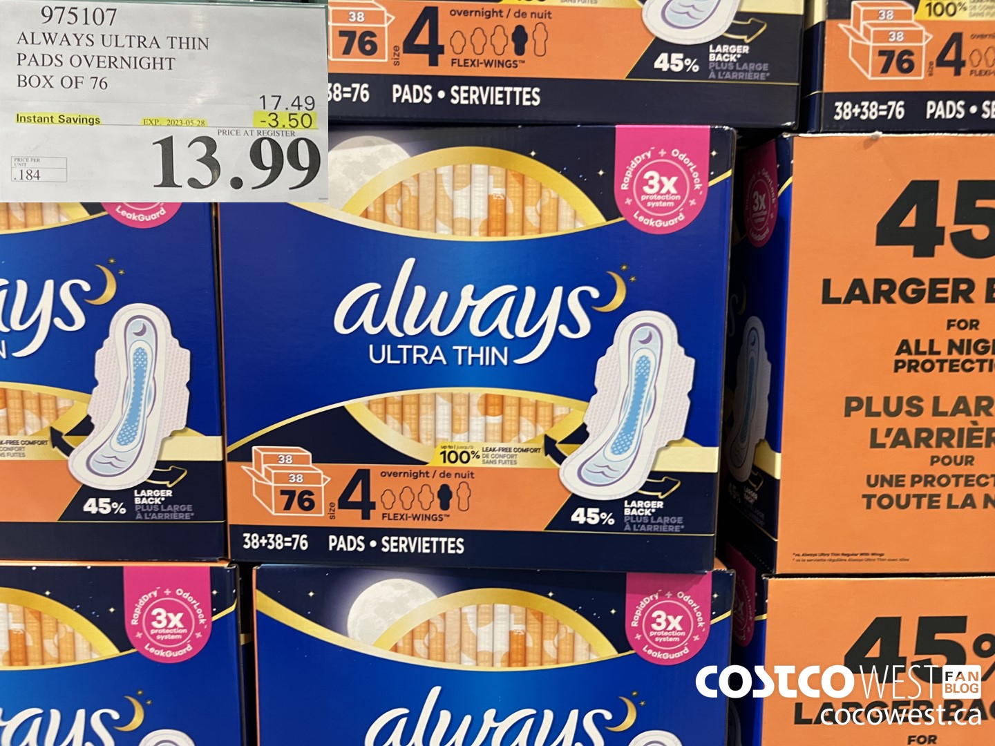 975107 ALWAYS ULTRA THIN PADS OVERNIGHT BOX OF 76 ($3.50 INSTANT SAVINGS EXPIRES ON 2023-05-28) $13.99