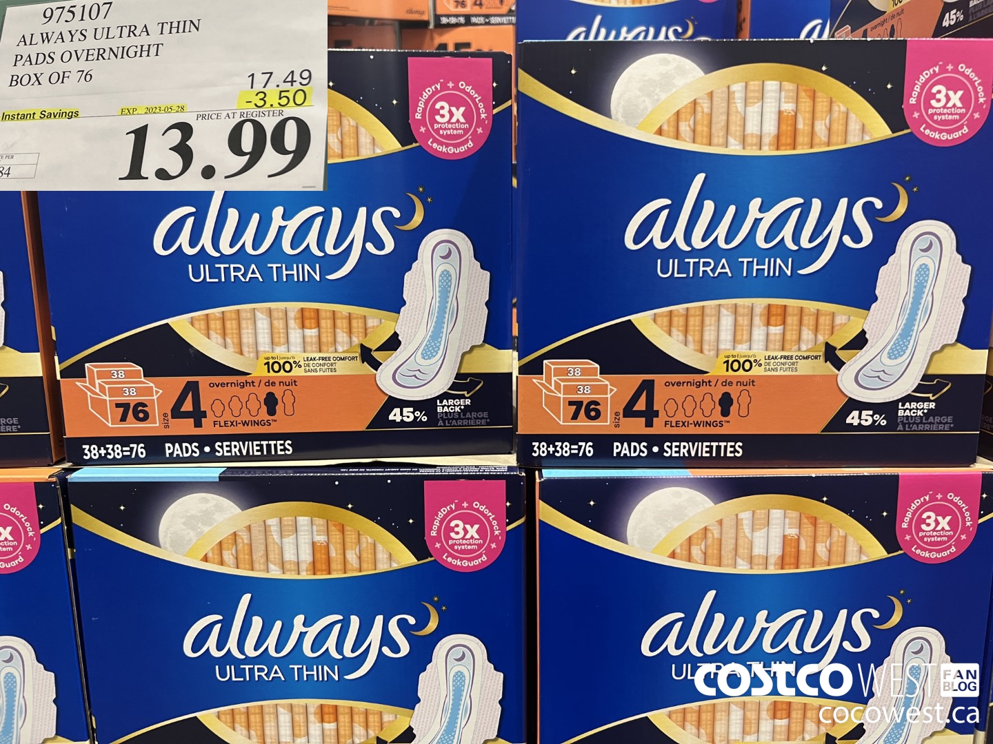 975107 ALWAYS ULTRA THIN PADS OVERNIGHT BOX OF 76 ($3.50 INSTANT SAVINGS EXPIRES ON 2023-05-28) $13.99