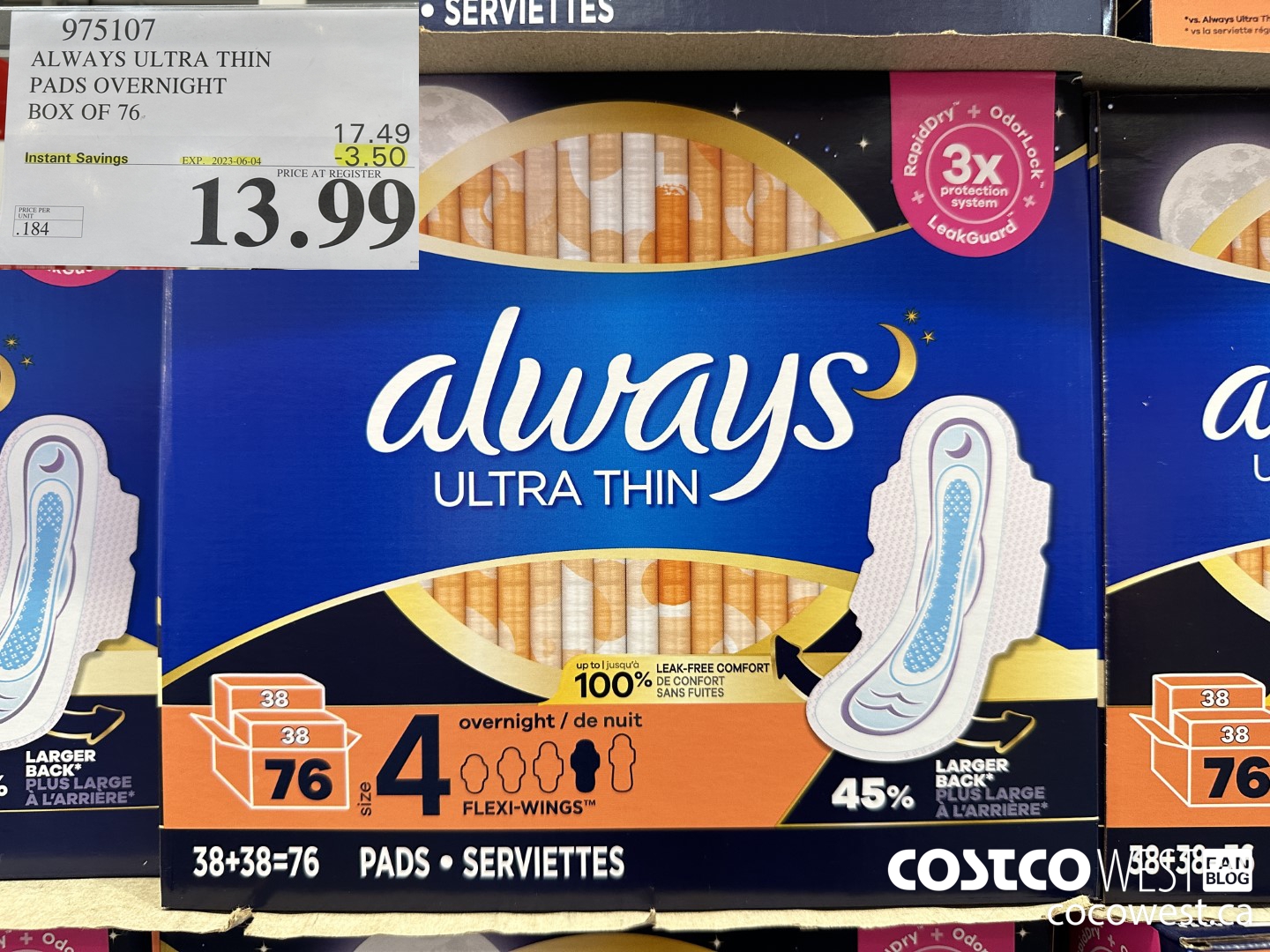 975107 ALWAYS ULTRA THIN PADS OVERNIGHT BOX OF 76 ($3.50 INSTANT SAVINGS EXPIRES ON 2023-06-04) $13.99