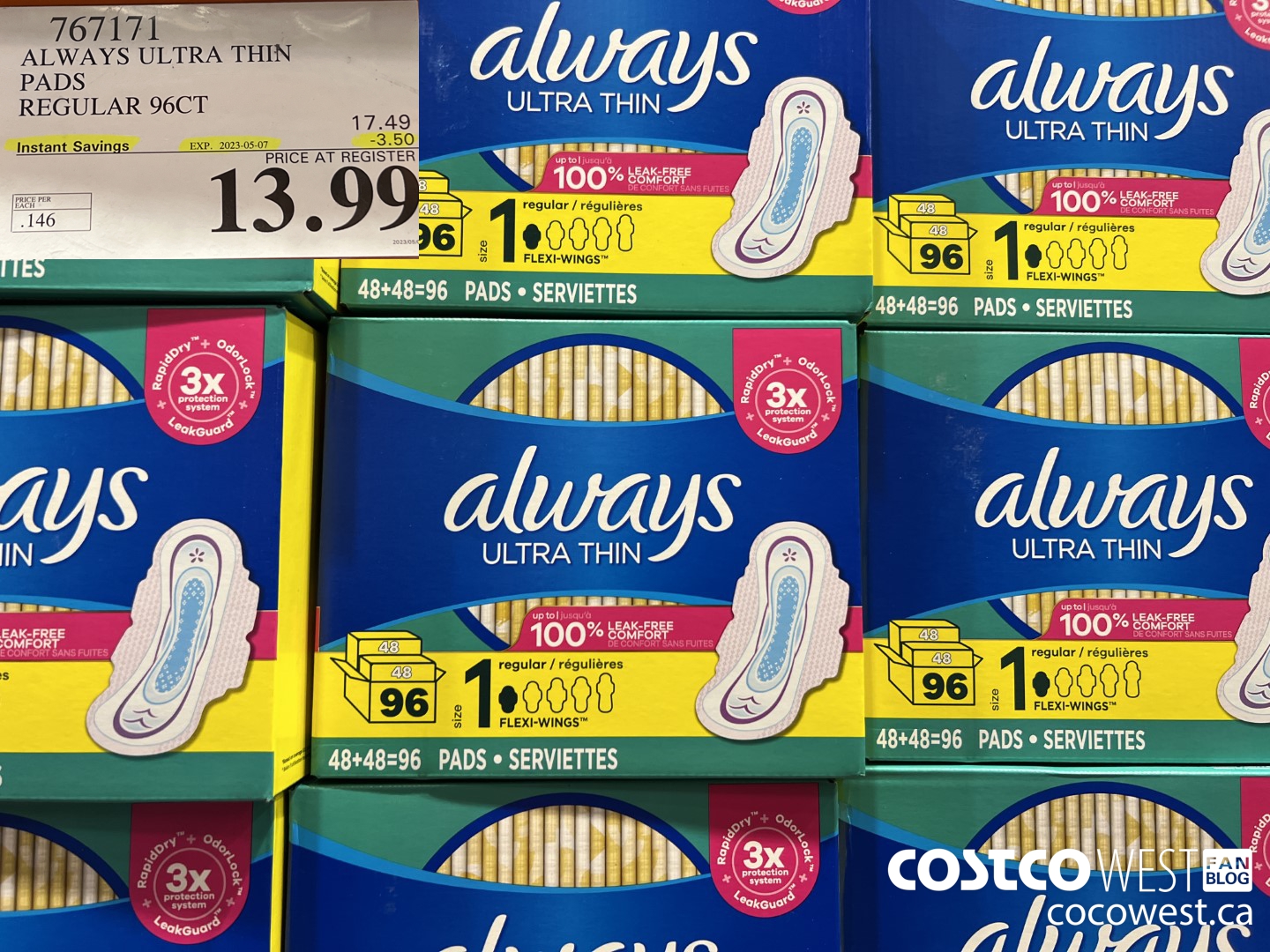 767171 ALWAYS ULTRA THIN PADS REG 96 CT ($3.50 INSTANT SAVINGS EXPIRES ON 2023-05-07) $13.99