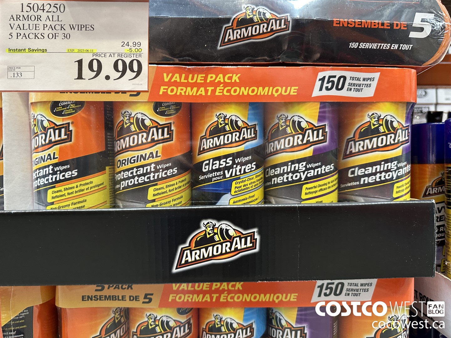 1504250 ARMOR ALL VALUE PACK WIPES 5 PACKS OF 30 ($5.00 INSTANT SAVINGS EXPIRES ON 2023-06-11) $19.99