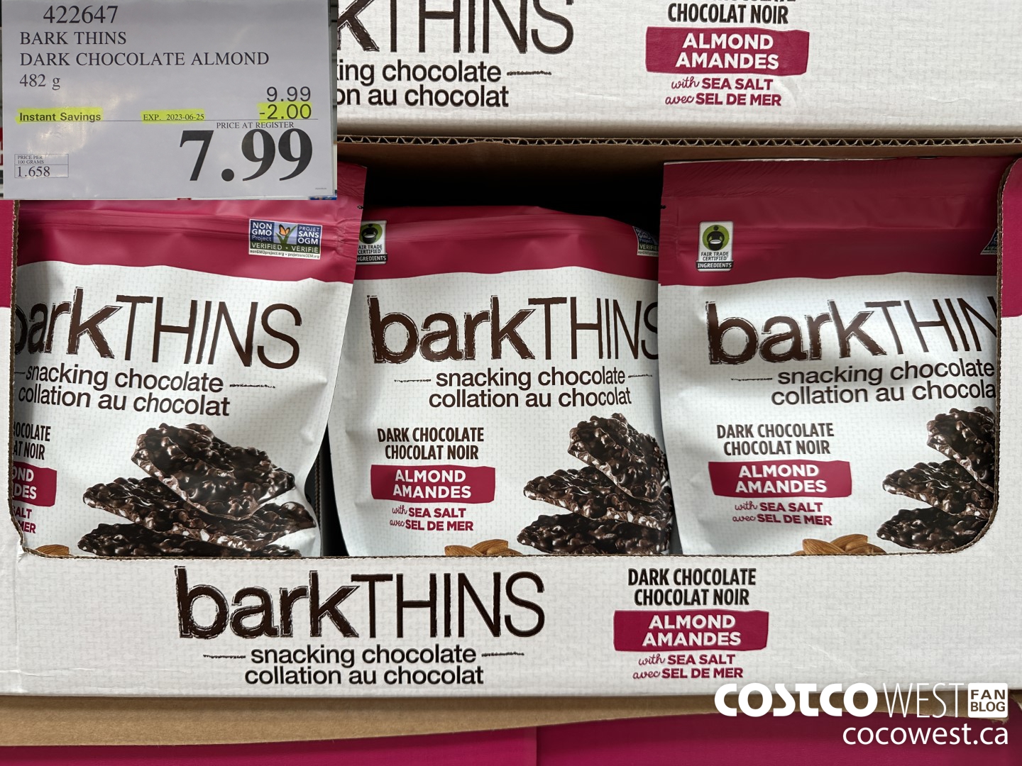422647 BARK THINS DARK CHOCOLATE ALMOND 482 g ($2.00 INSTANT SAVINGS EXPIRES ON 2023-06-25) $7.99