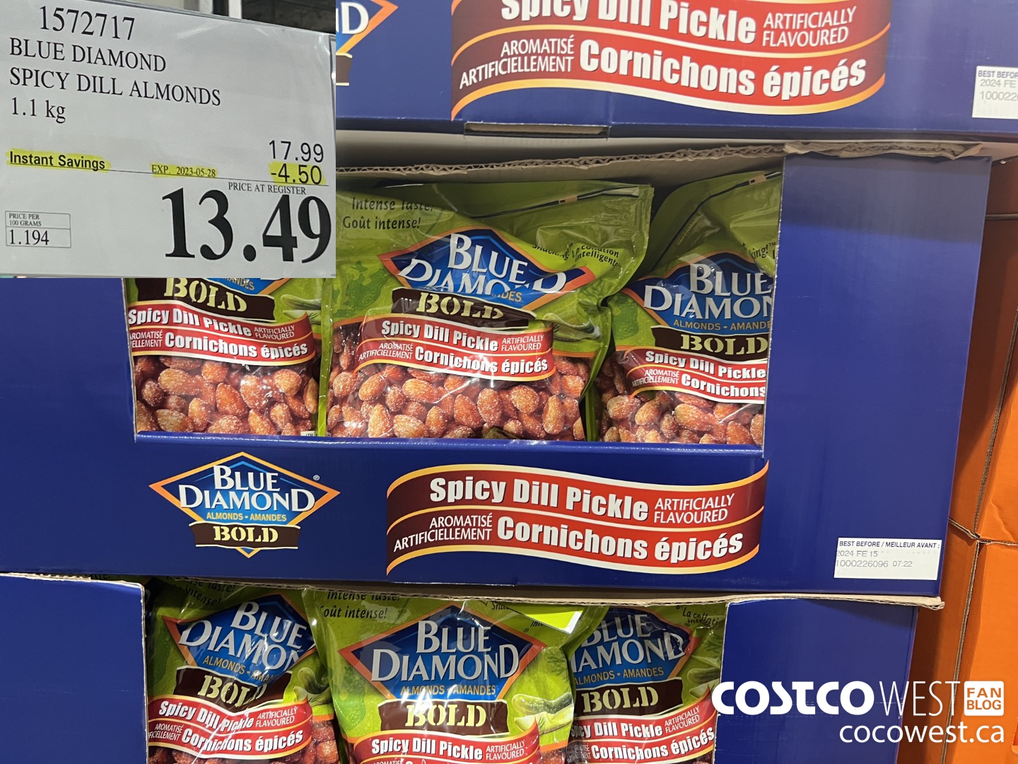 1572717 BLUE DIAMOND SPICY DILL ALMONDS 1.13 kg  ($4.50 INSTANT SAVINGS EXPIRES ON 2023-05-28) $13.49