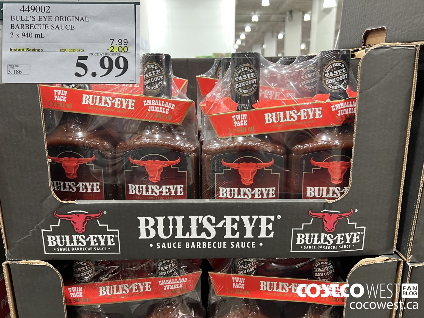 449002 BULLSEYE ORIGINAL BARBECUE SAUCE 2 X 940ML ($2.00 INSTANT SAVINGS EXPIRES ON 2023-05-28) $5.99