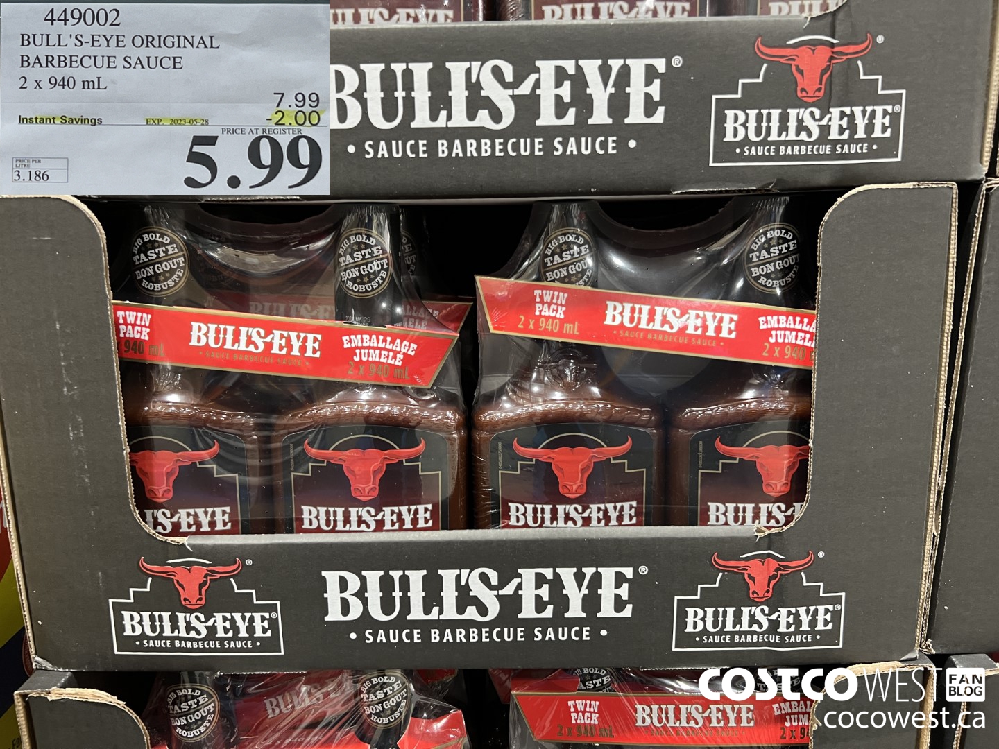 449002 BULLSEYE ORIGINAL BARBECUE SAUCE 2 X 940ML ($2.00 INSTANT SAVINGS EXPIRES ON 2023-05-28) $5.99
