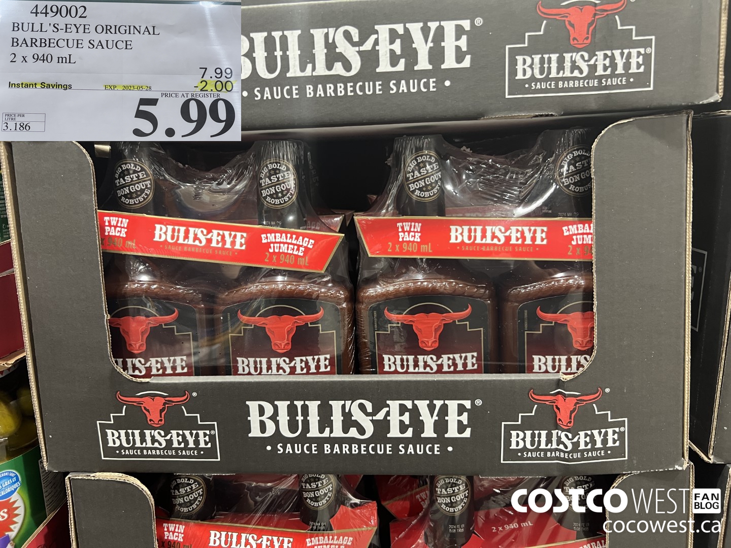 449002 BULLSEYE ORIGINAL BARBECUE SAUCE 2 X 940ML ($2.00 INSTANT SAVINGS EXPIRES ON 2023-05-28) $5.99