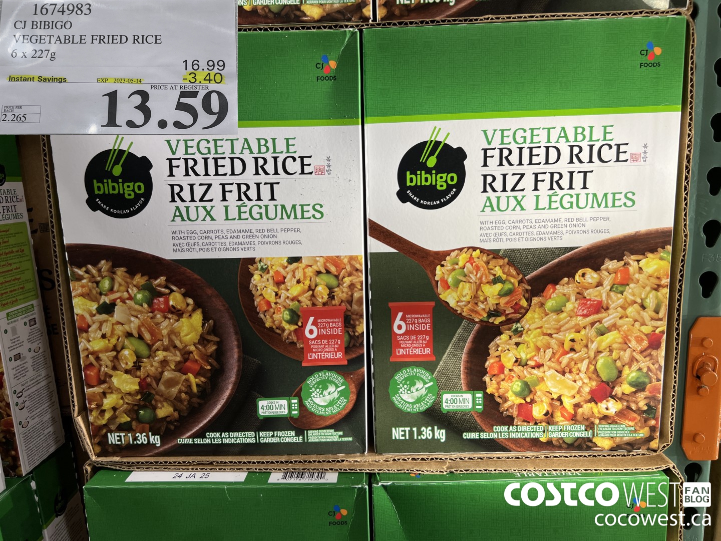 1674983 CJ BIBIGO VEGETABLE FRIED RICE 6 X 227G ($3.40 INSTANT SAVINGS EXPIRES ON 2023-05-14) $13.59