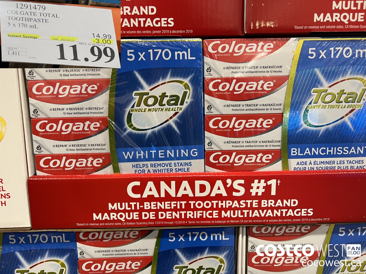 1291479 COLGATE TOTAL TOOTHPASTE 5 x 170 mL ($3.00 INSTANT SAVINGS EXPIRES ON 2023-05-21) $11.99