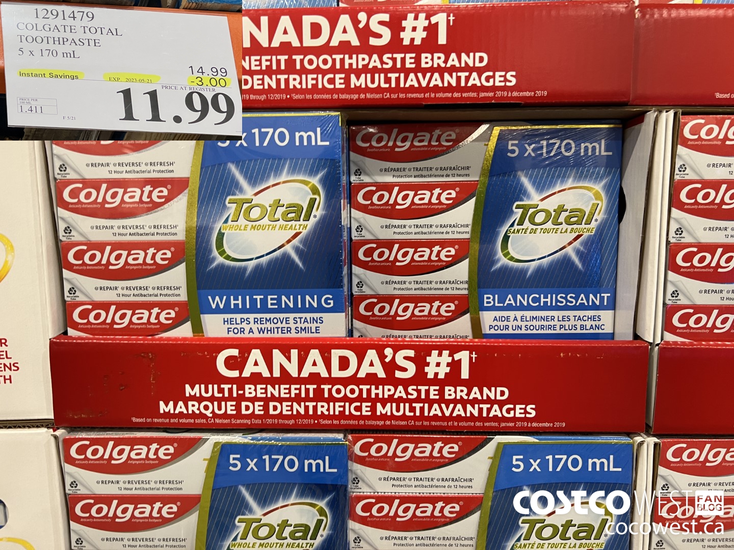 1291479 COLGATE TOTAL TOOTHPASTE 5 x 170 mL ($3.00 INSTANT SAVINGS EXPIRES ON 2023-05-21) $11.99