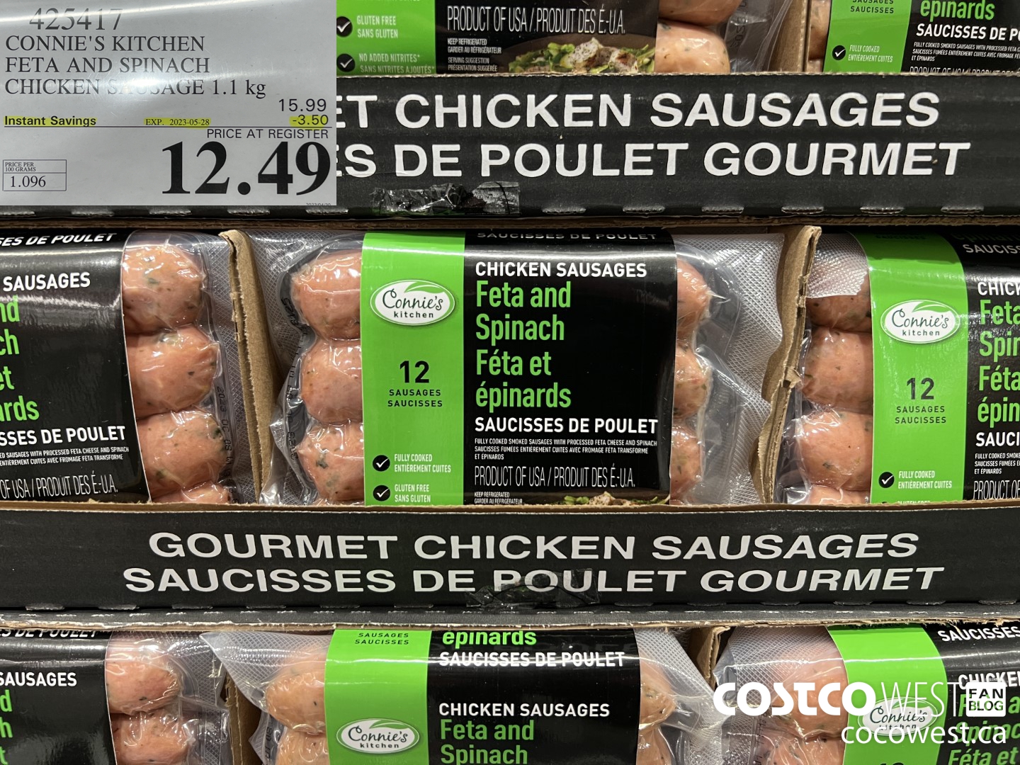 425417 CONNIE'S KITCHEN FETA AND SPINACH CHICKEN SAUSAGE 1.1 kg ($3.50 INSTANT SAVINGS EXPIRES ON 2023-05-28) $12.49