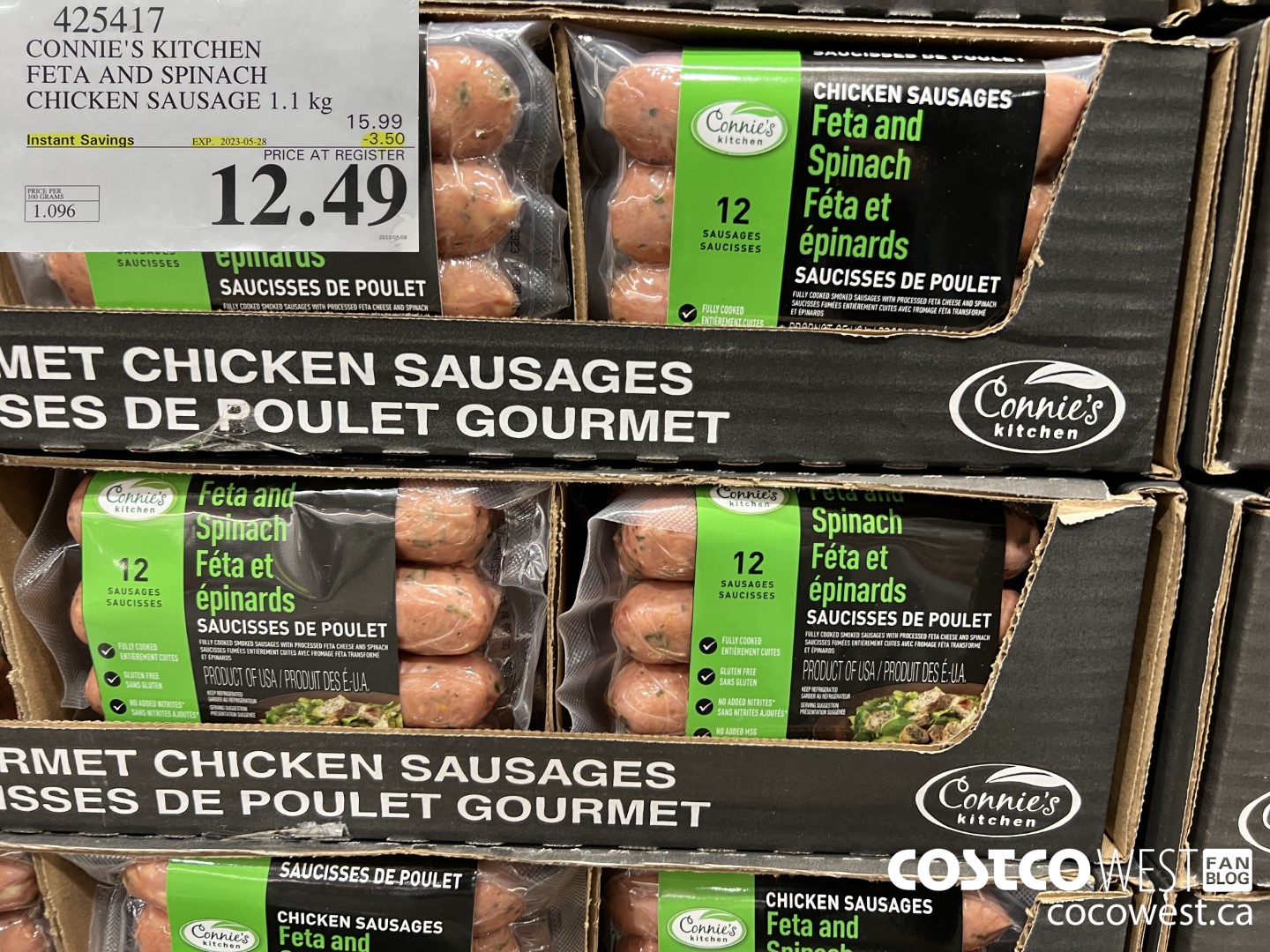 425417 CONNIE'S KITCHEN FETA AND SPINACH CHICKEN SAUSAGE 1.1 kg ($3.50 INSTANT SAVINGS EXPIRES ON 2023-05-28) $12.49