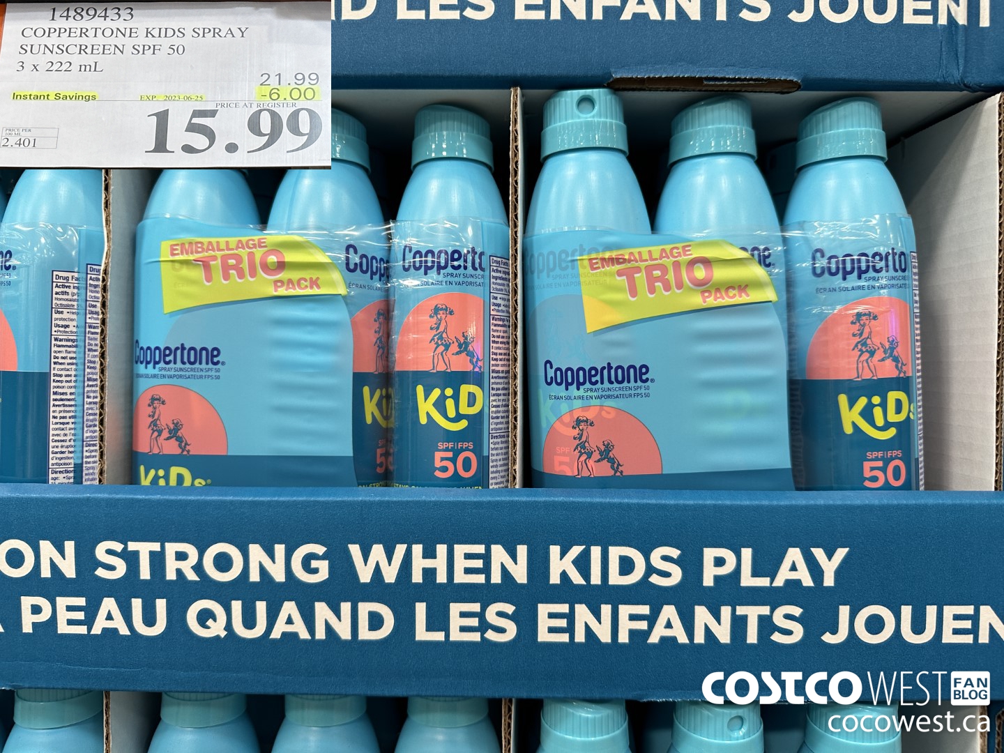 1489433 COPPERTONE KIDS SPRAY SUNSCREEN SPF 50 3 x 222 mL ($6.00 INSTANT SAVINGS EXPIRES ON 2023-06-25) $15.99