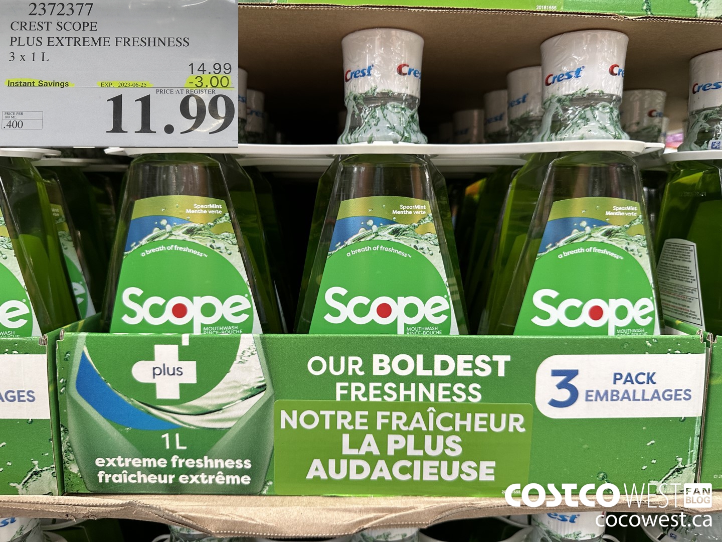 2372377 CREST SCOPE PLUS EXTREME FRESHNESS 3 X 1 L ($3.00 INSTANT SAVINGS EXPIRES ON 2023-06-25) $11.99