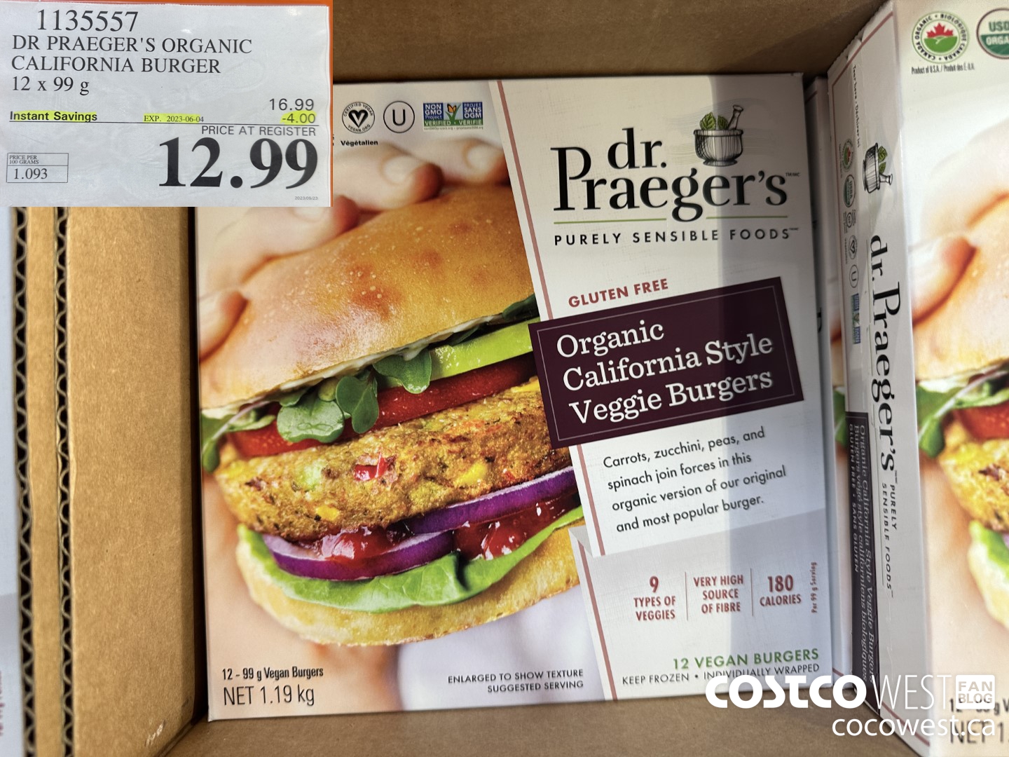 1135557 DR PRAEGER'S ORGANIC CALIFORNIA BURGER 12 x 99 g ($4.00 INSTANT SAVINGS EXPIRES ON 2023-06-04) $12.99