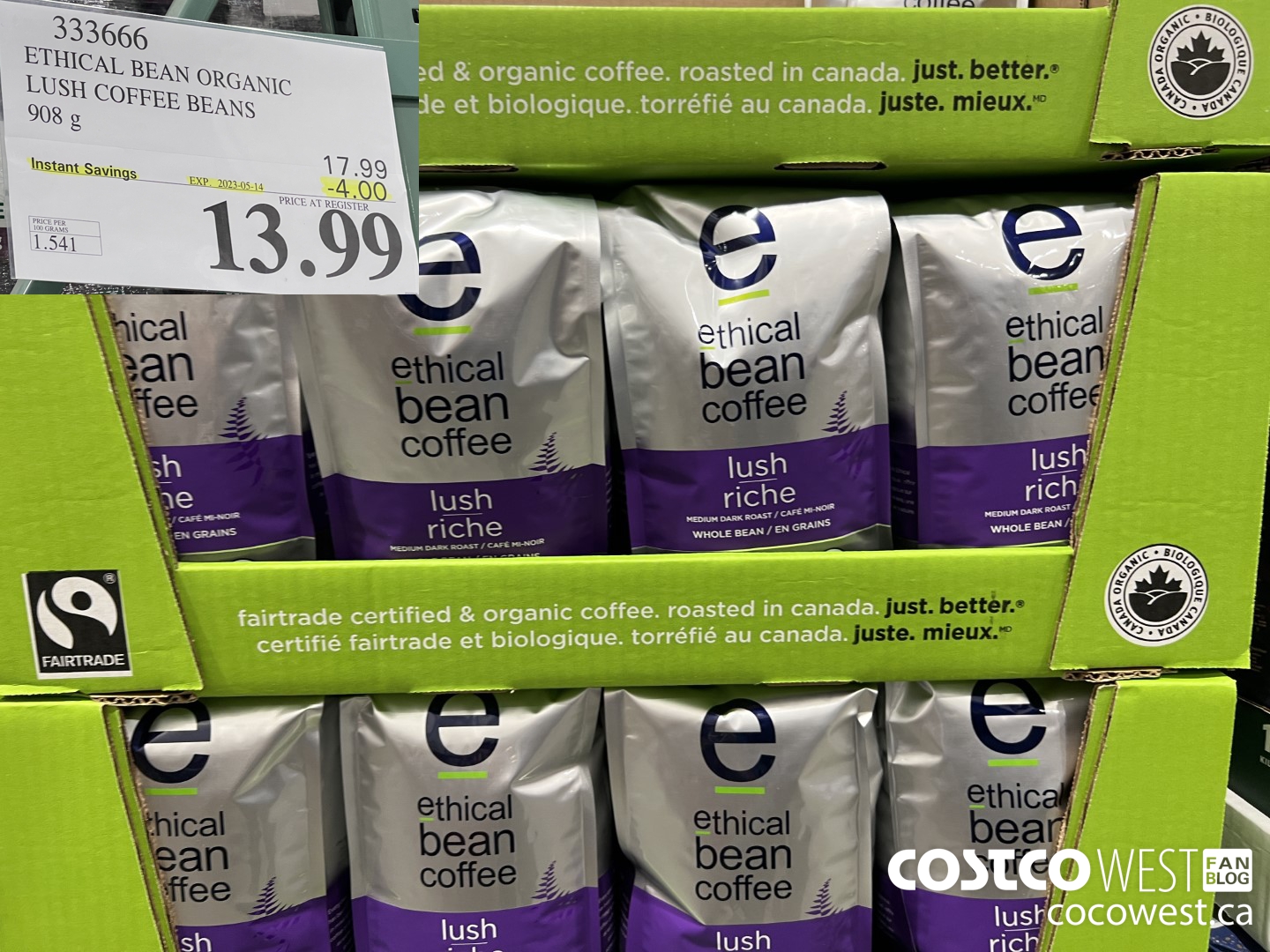 333666 ETHICAL BEAN ORGANIC LUSH COFFEE BEANS 908 g ($4.00 INSTANT SAVINGS EXPIRES ON 2023-05-14) $13.99