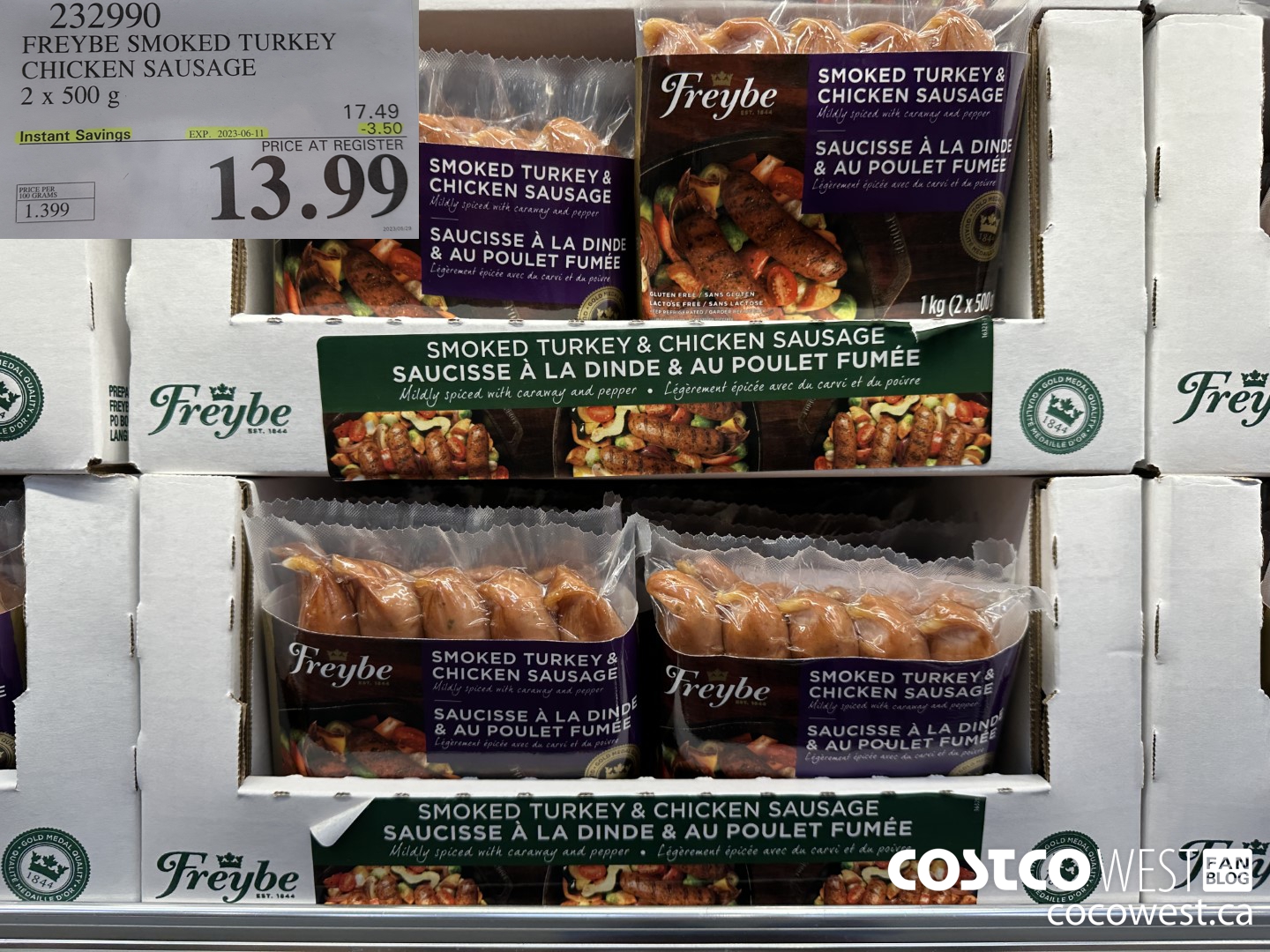 232990 FREYBE SMOKED TURKEY CHICKEN SAUSAGE 2 x 500 g ($3.50 INSTANT SAVINGS EXPIRES ON 2023-06-11) $13.99