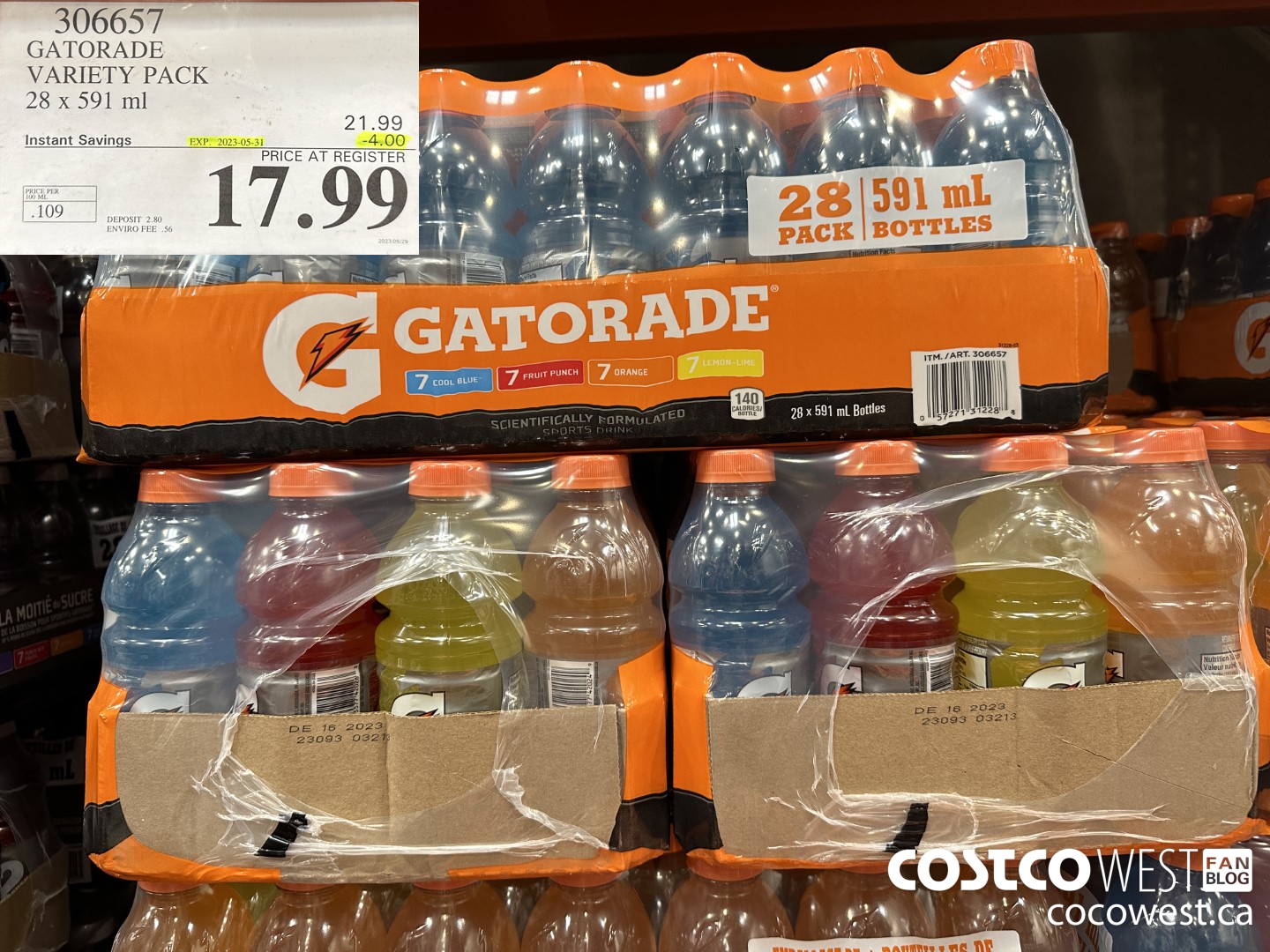 306657 GATORADE VARIETY PACK 28 x 591 ml ($4.00 INSTANT SAVINGS EXPIRES ON 2023-05-31) $17.99