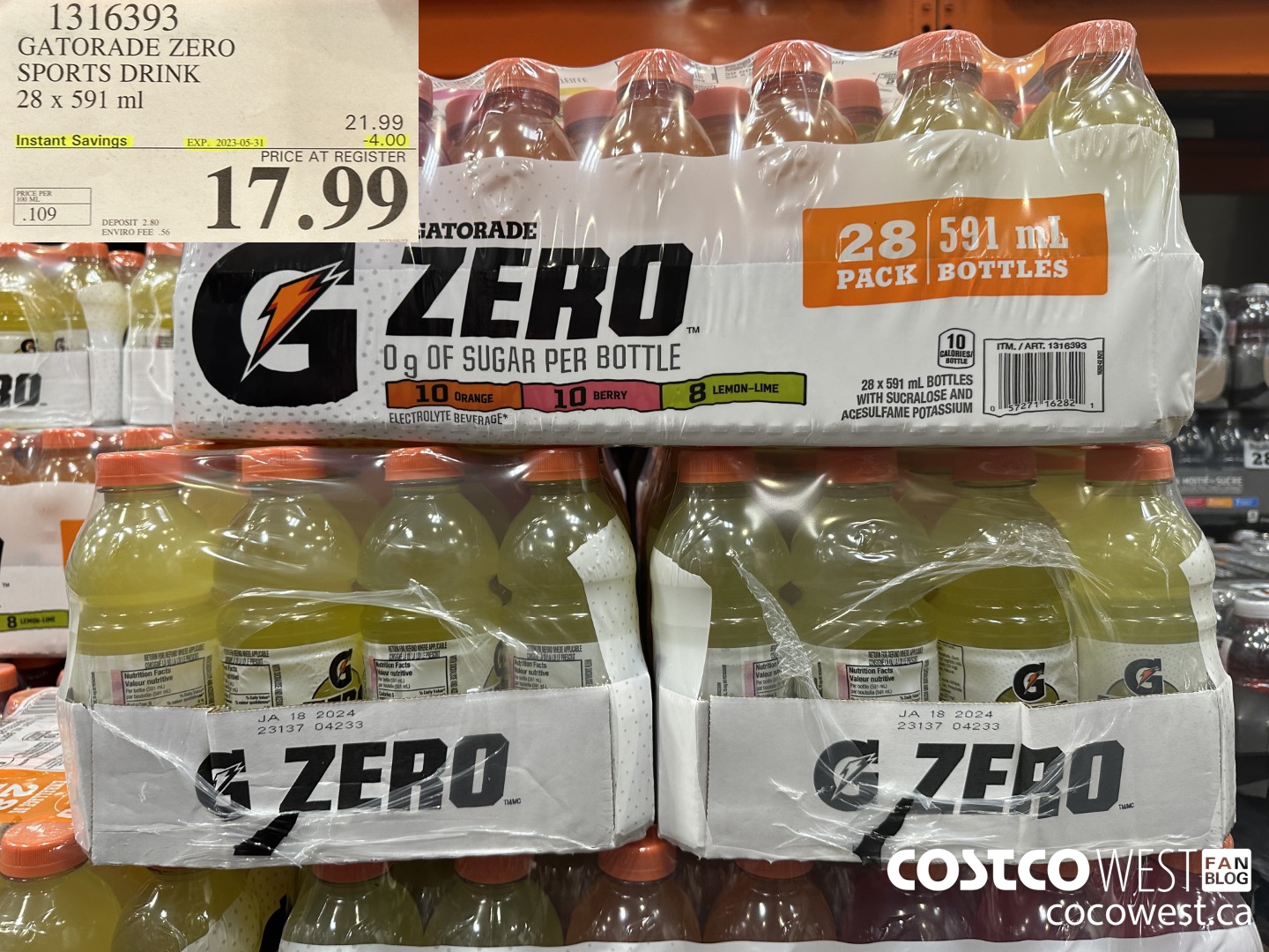 1316393 GATORADE ZERO SPORTS DRINK 28 x 591 ml ($4.00 INSTANT SAVINGS EXPIRES ON 2023-05-31) $17.99