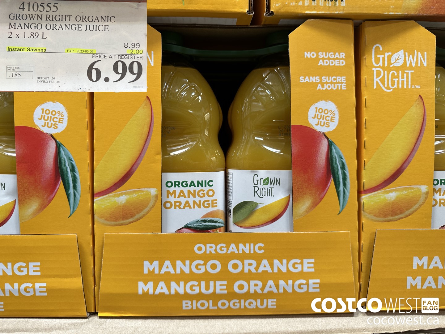 410555 GROWN RIGHT ORGANIC MANGO ORANGE JUICE 2 X 1.89L ($2.00 INSTANT SAVINGS EXPIRES ON 2023-06-04) $6.99