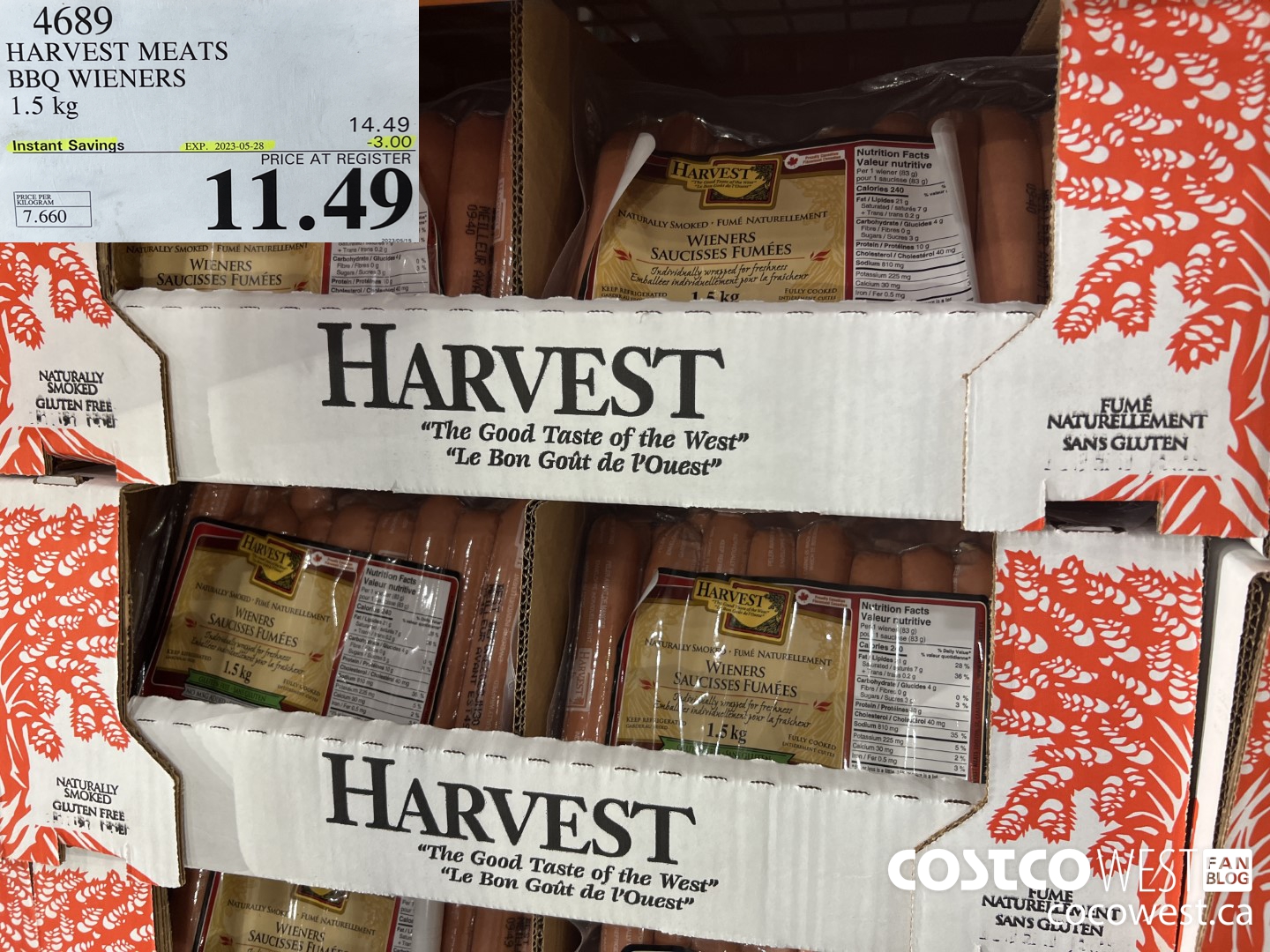 4689 HARVEST MEATS BBQ WIENERS 1.5 KG ($3.00 INSTANT SAVINGS EXPIRES ON 2023-05-28) $11.49