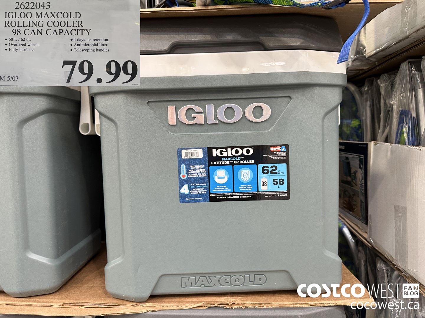 2622043 IGLOO MAXCOLD ROLLING COOLER 98 CAN CAPACITY $79.99