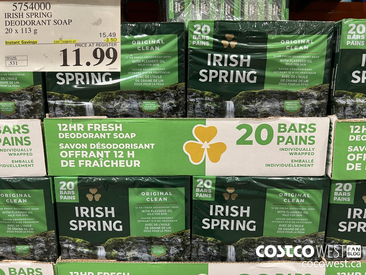 5754000 IRISH SPRING DEODORANT SOAP 20 x 113 g ($3.50 INSTANT SAVINGS EXPIRES ON 2023-05-07) $11.99