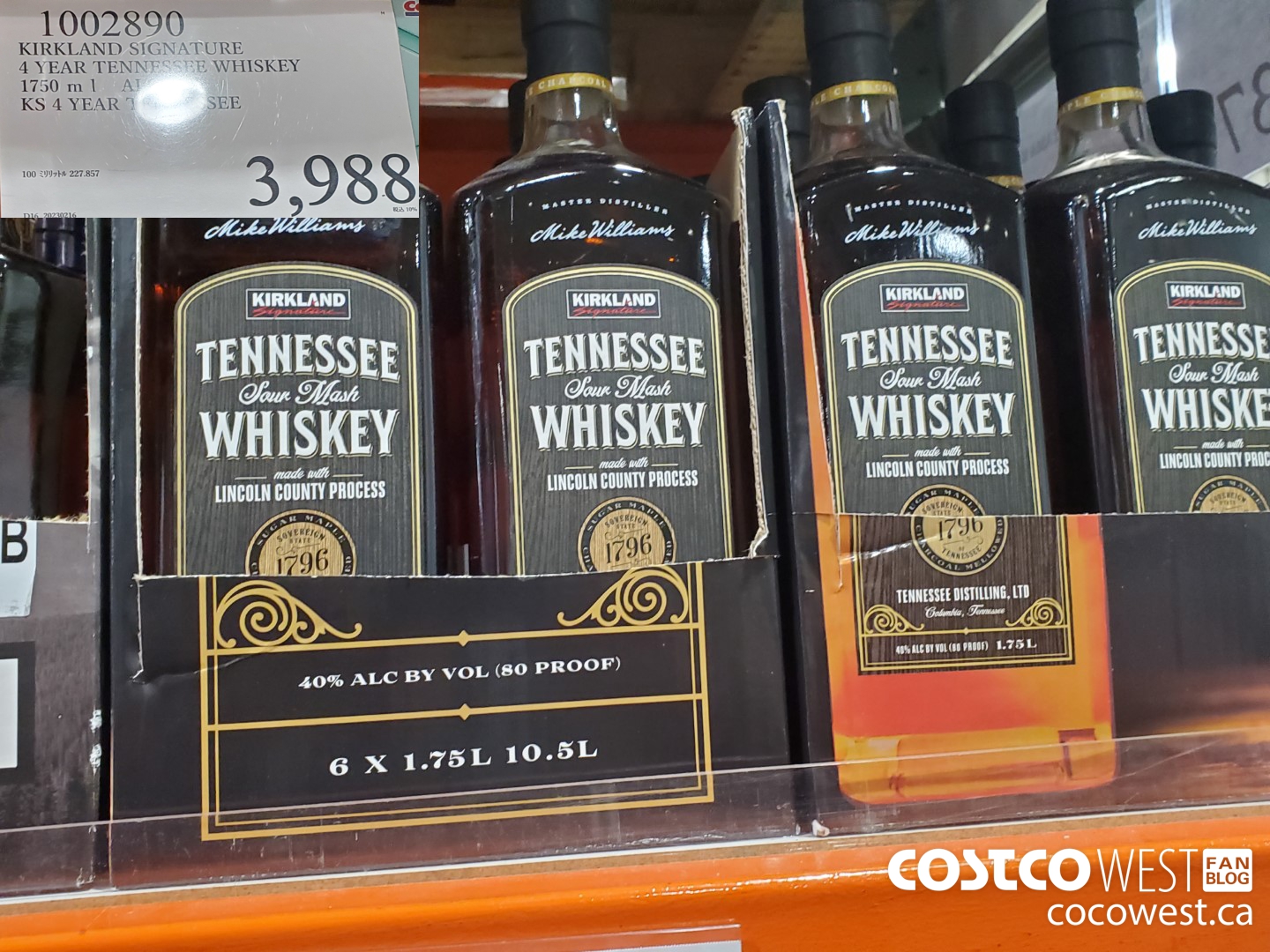 1002890 KIRKLAND SIGNATURE 4 YEAR TENNESSEE WHISKEY 1750ML $3988.00
