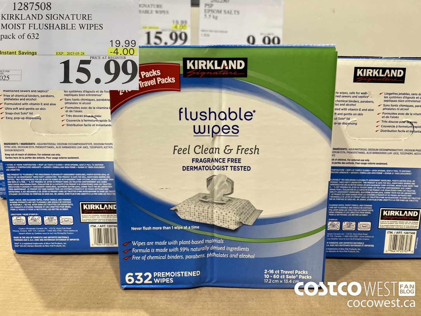 1287508 KIRKLAND SIGNATURE MOIST FLUSHABLE WIPES pack of 632 ($4.00 INSTANT SAVINGS EXPIRES ON 2023-05-28) $15.99