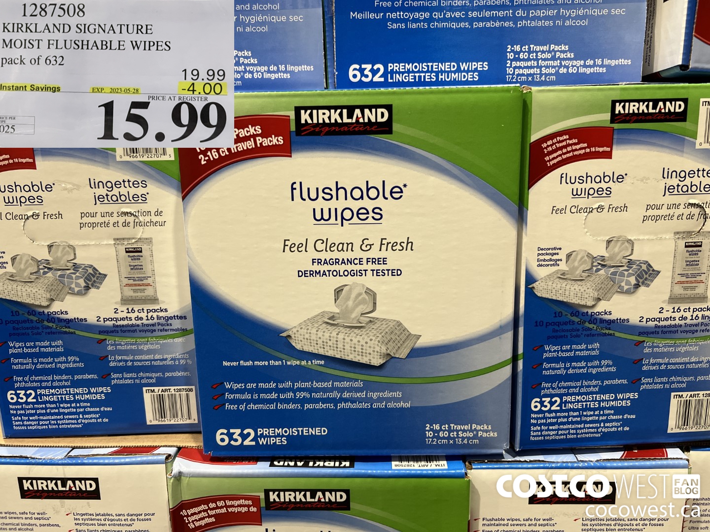 1287508 KIRKLAND SIGNATURE MOIST FLUSHABLE WIPES pack of 632 ($4.00 INSTANT SAVINGS EXPIRES ON 2023-05-28) $15.99