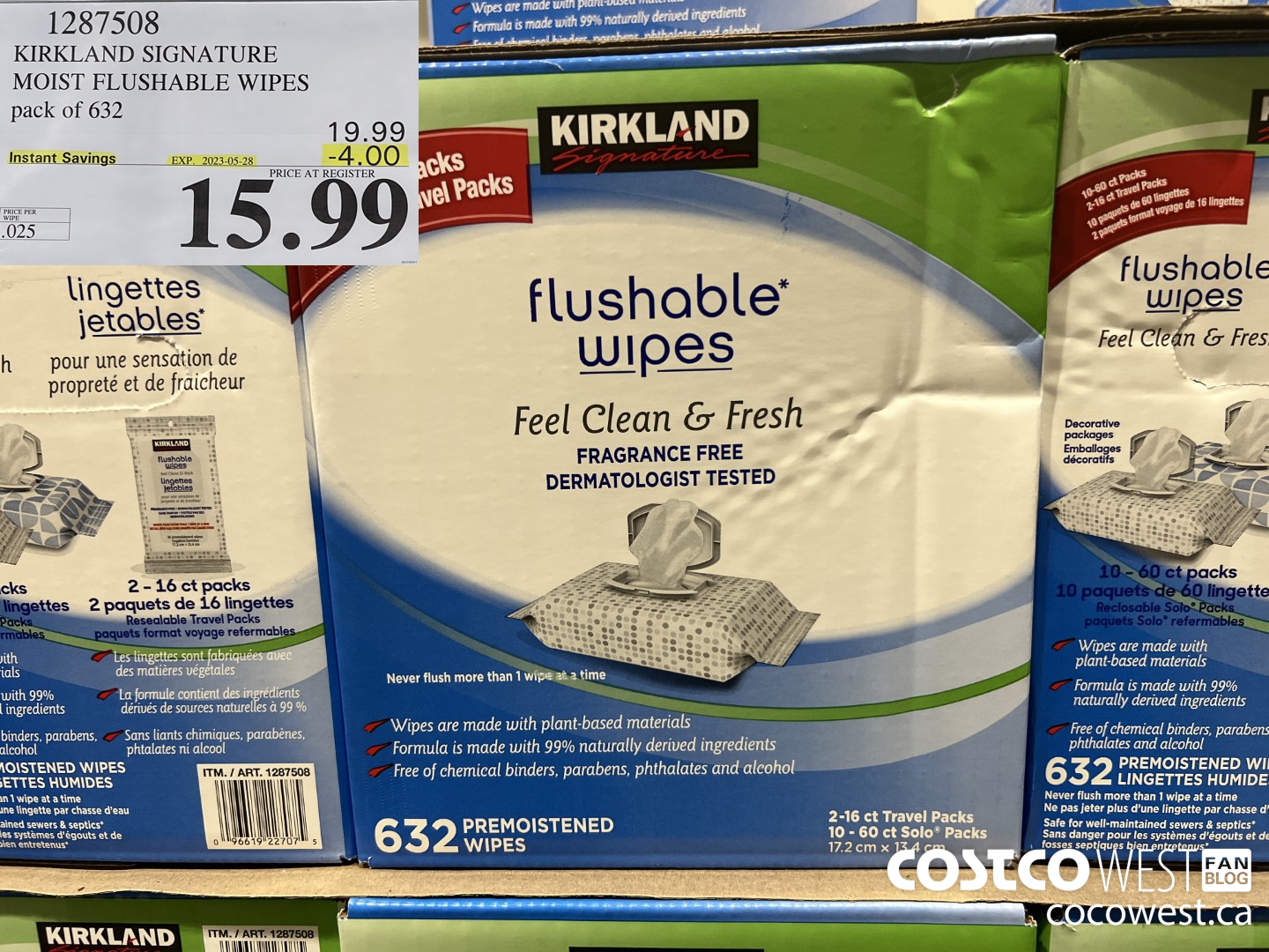 1287508 KIRKLAND SIGNATURE MOIST FLUSHABLE WIPES pack of 632 ($4.00 INSTANT SAVINGS EXPIRES ON 2023-05-28) $15.99