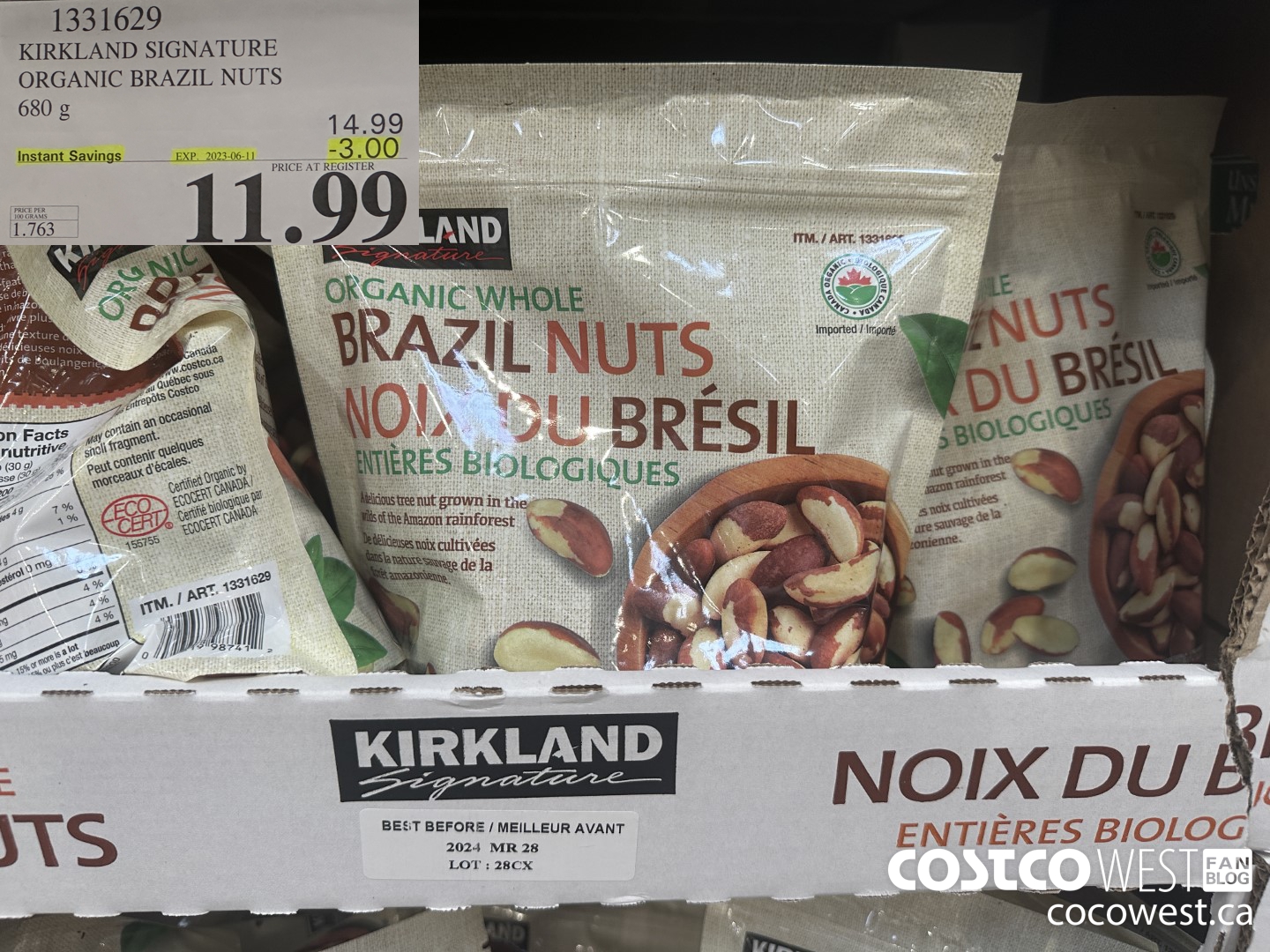 1331629 KIRKLAND SIGNATURE ORGANIC BRAZIL NUTS 680 g ($3.00 INSTANT SAVINGS EXPIRES ON 2023-06-11) $11.99