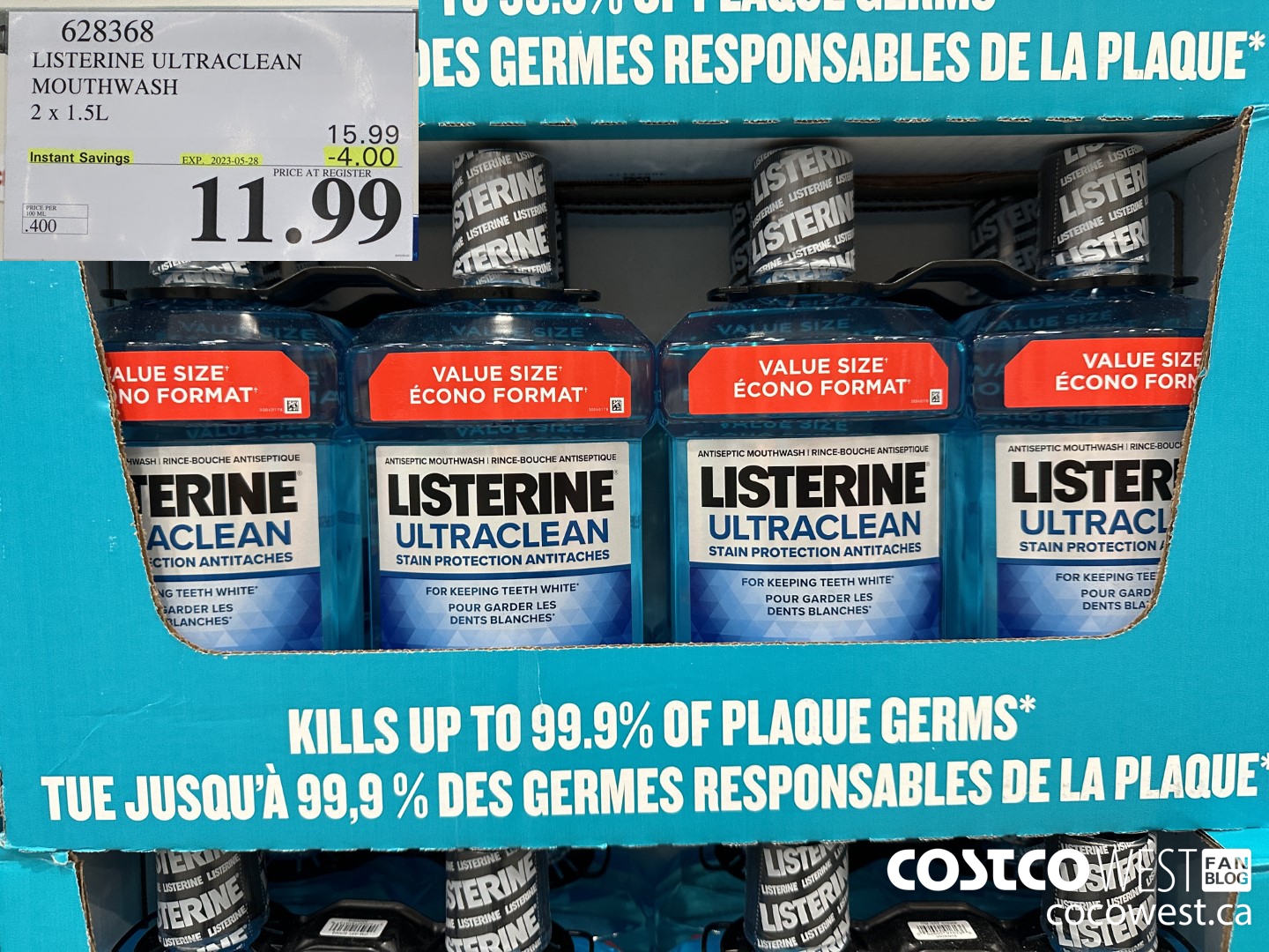 628368 LISTERINE ULTRACLEAN MOUTHWASH 2 X 1.5L ($4.00 INSTANT SAVINGS EXPIRES ON 2023-05-28) $11.99