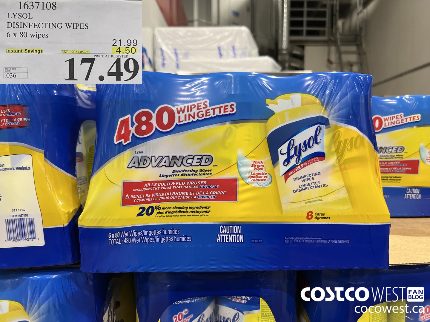 1637108 LYSOL DISINFECTING WIPES 6 X 80 WIPES ($4.50 INSTANT SAVINGS EXPIRES ON 2023-05-28) $17.49